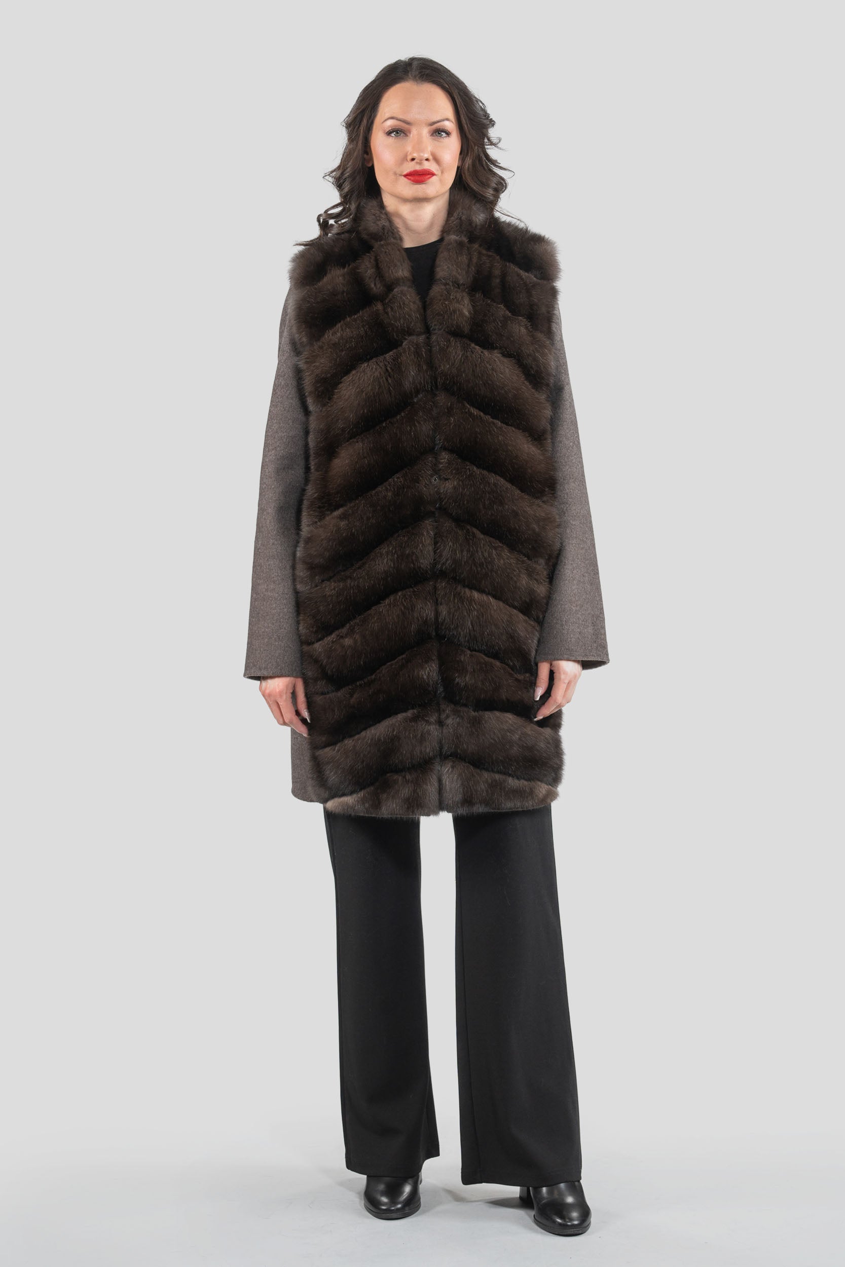 Brown Grey Cashmere Half Coat & Vest with Russian Sable Trim 17C8003s