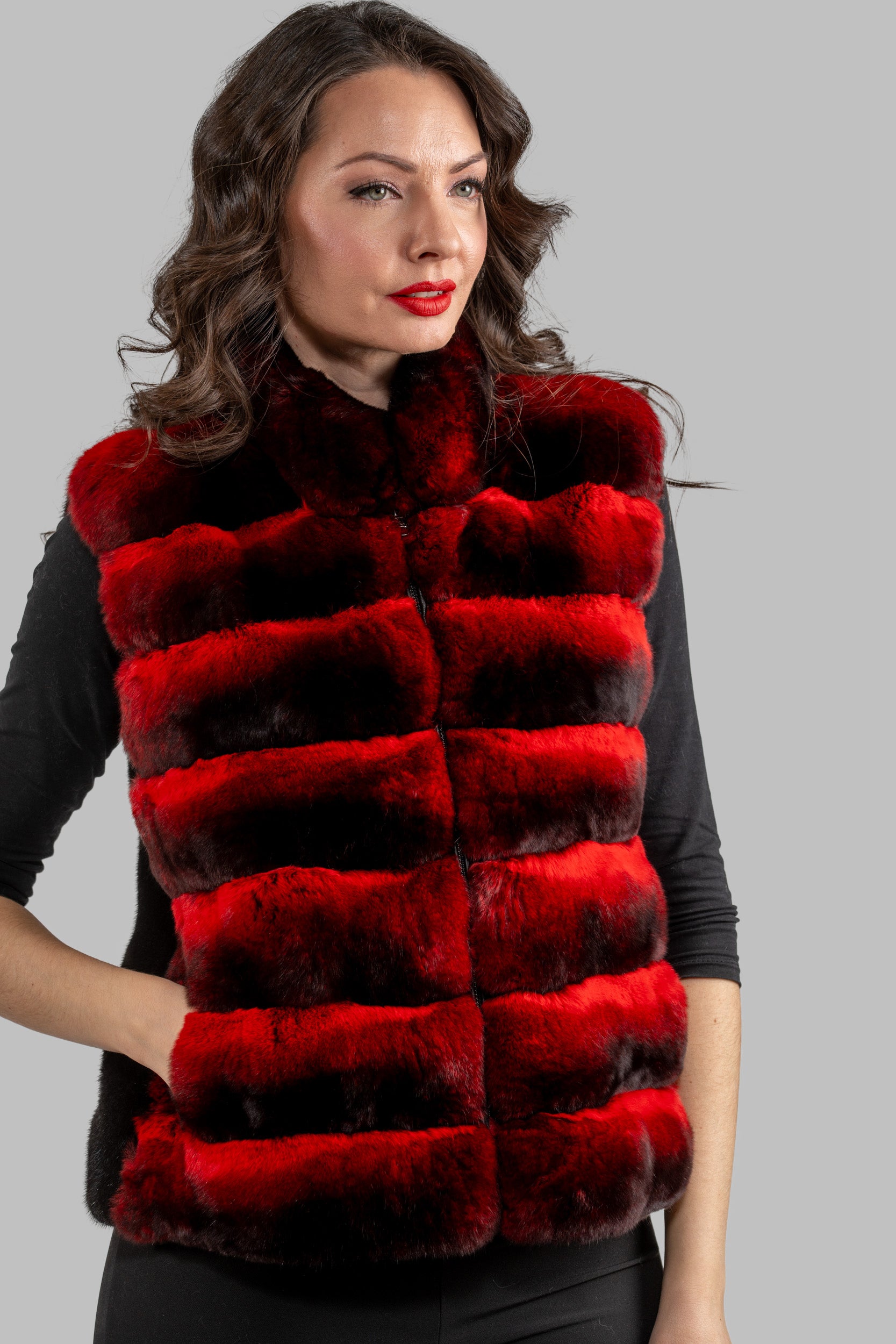 Red Chinchilla Vest with Stand Collar and Mink Trim P/K2201