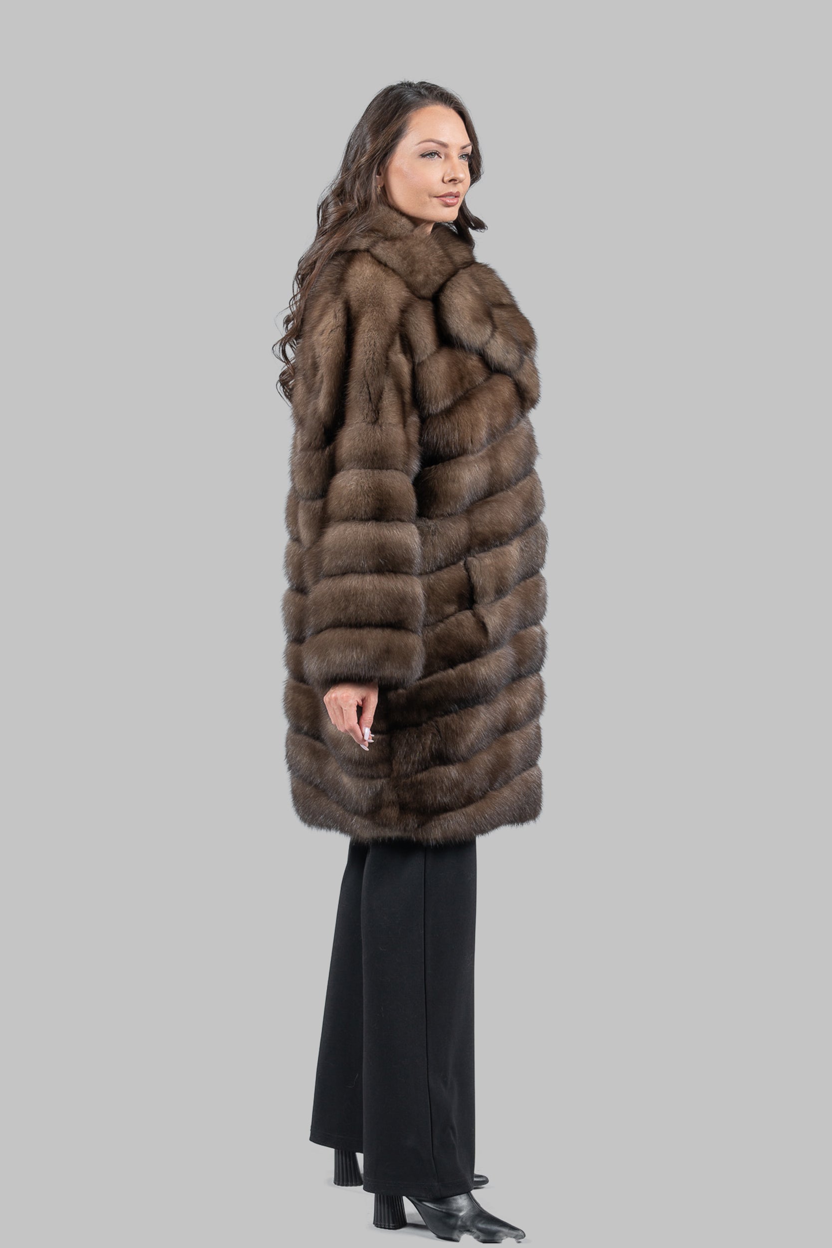 Graphite Russian Sable Horizontal Coat with Notch Collar A/K13C848G034