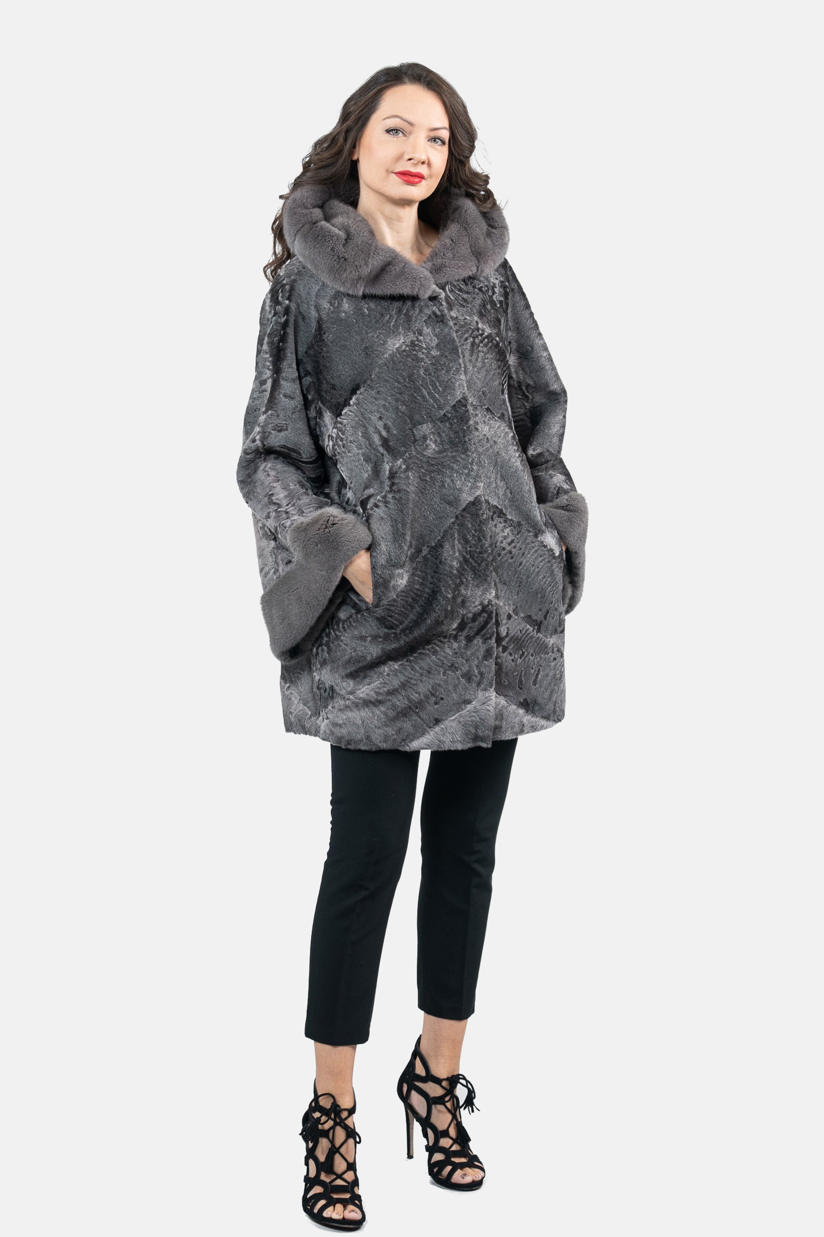 Grey Moon Swakara Half Coat with Mink Trim A/K850V30