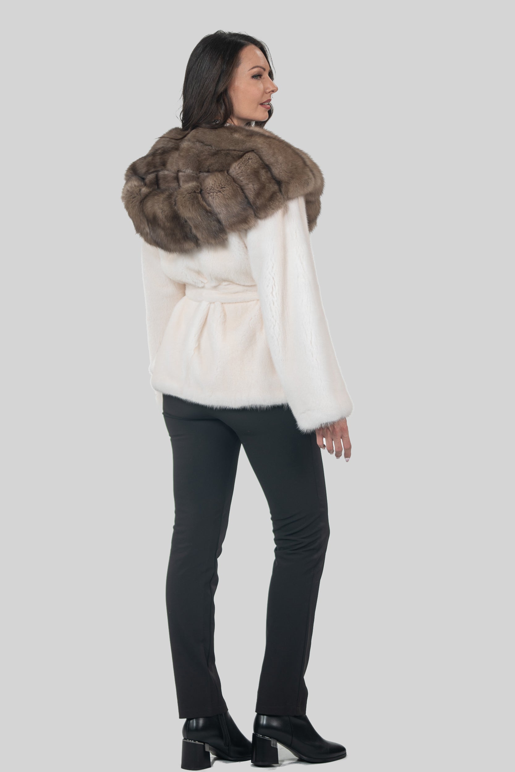 Pearl Mink Half Coat With Russian Sable Hood L/O13C978