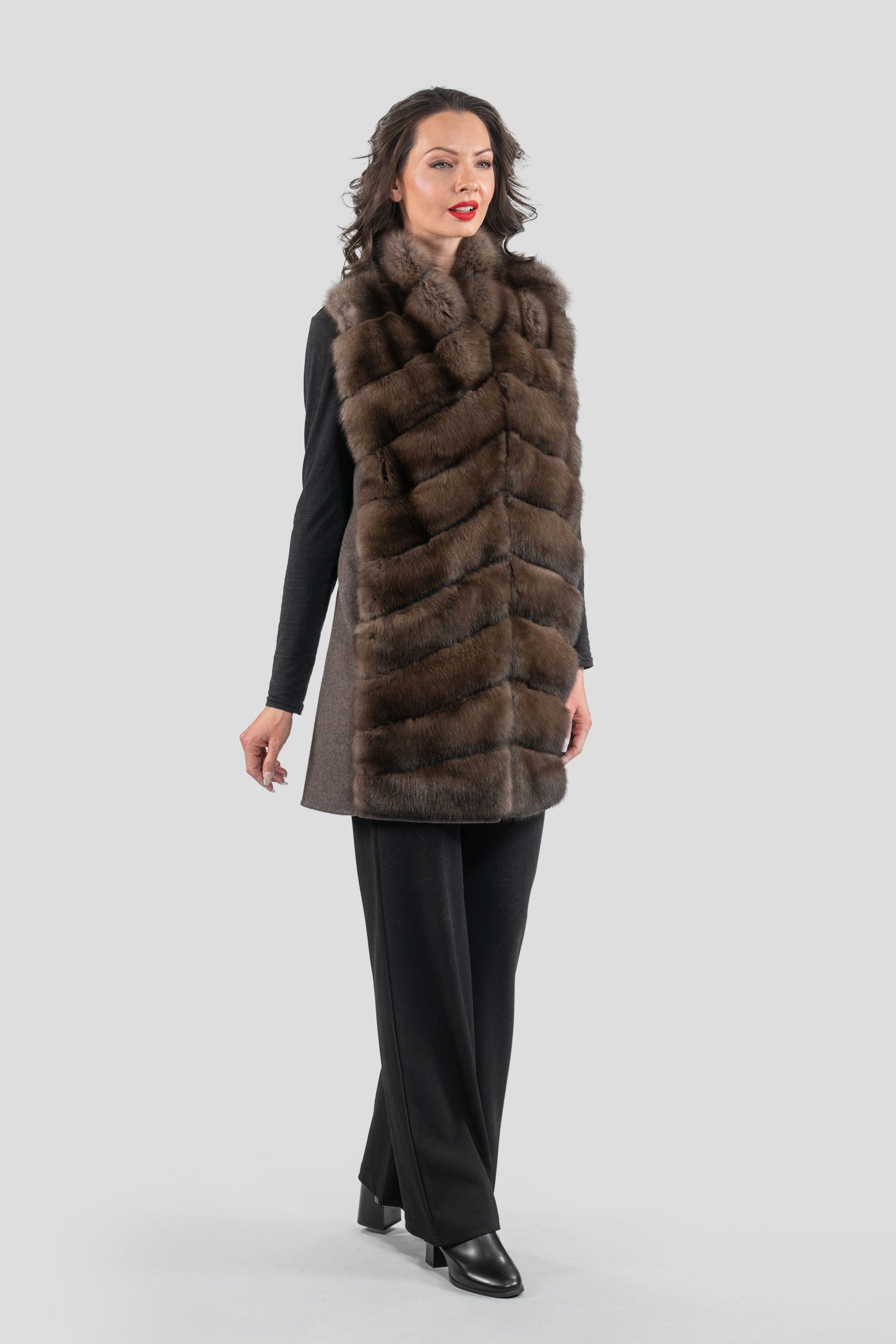 Brown Cashmere Vest with Russian Sable Trim 17C8003
