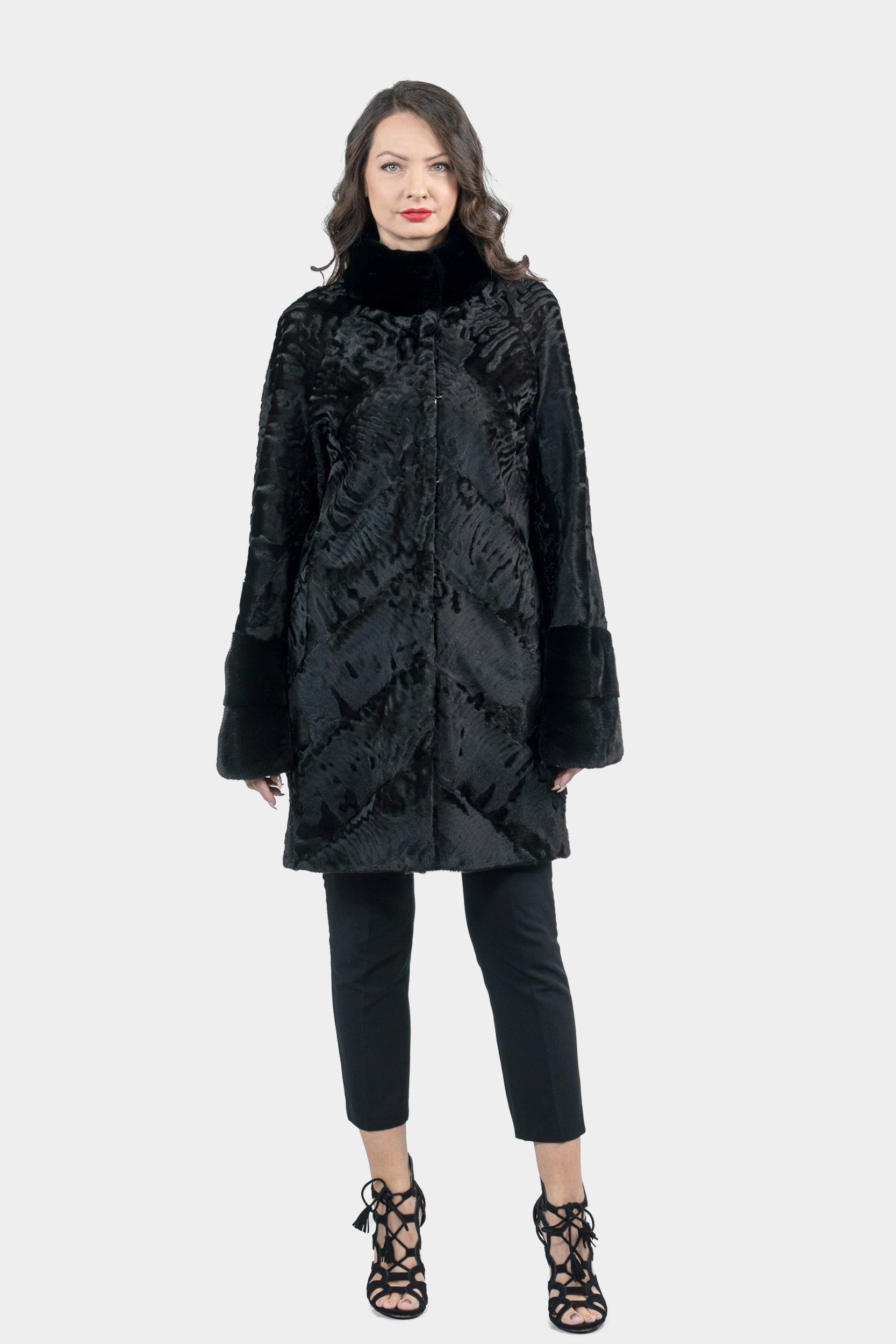 Black Swakara Half Coat With Mink Trim A/K13C530