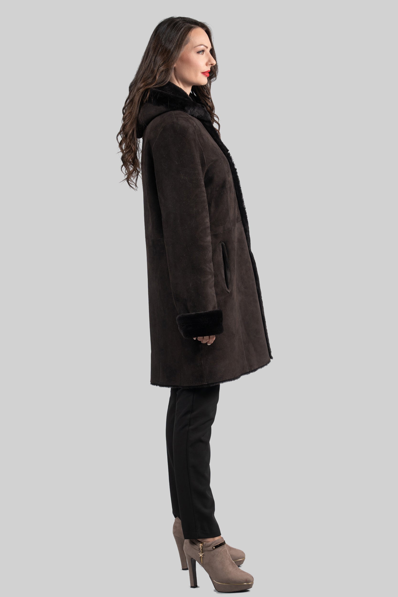 Hooded Brown Half Coat In Spanish Merino 207H