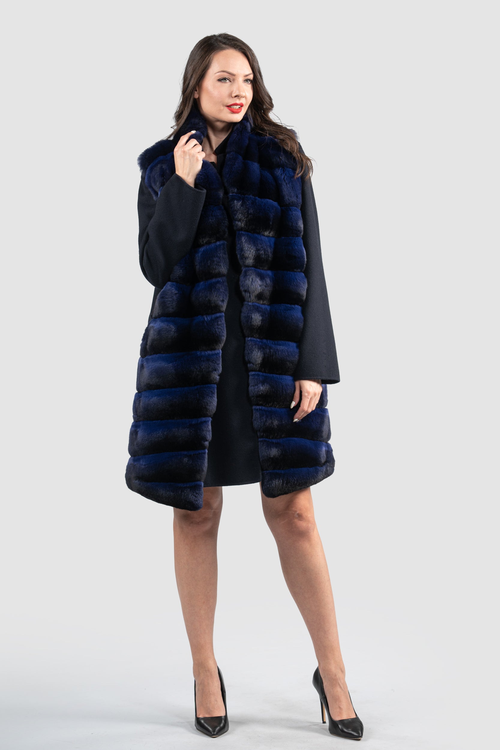 Blue Black Cashmere Half Coat & Vest with Chinchilla Trim 17C8003