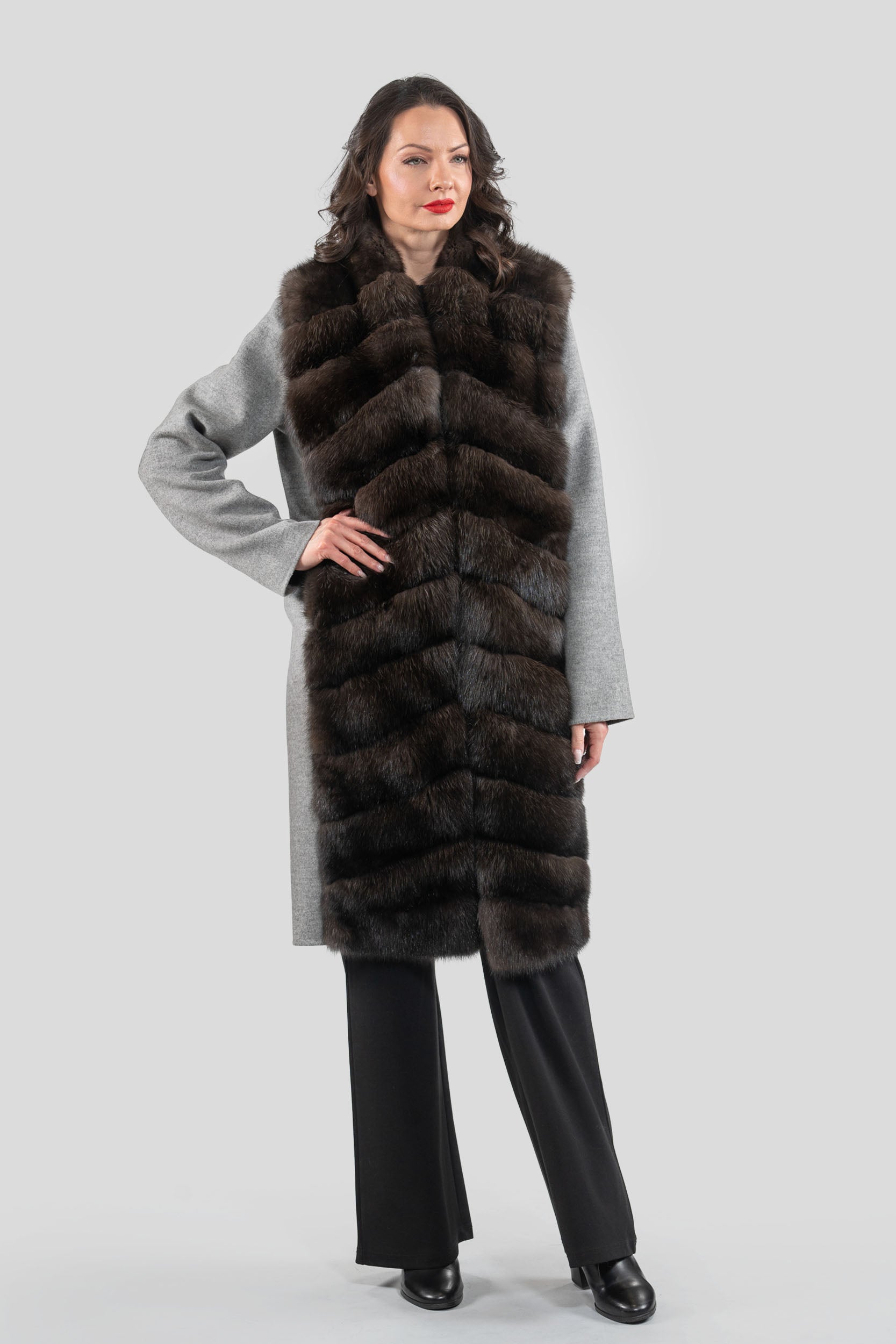 Grey Cashmere Half Coat with Russian Sable Trim 17C8003G530