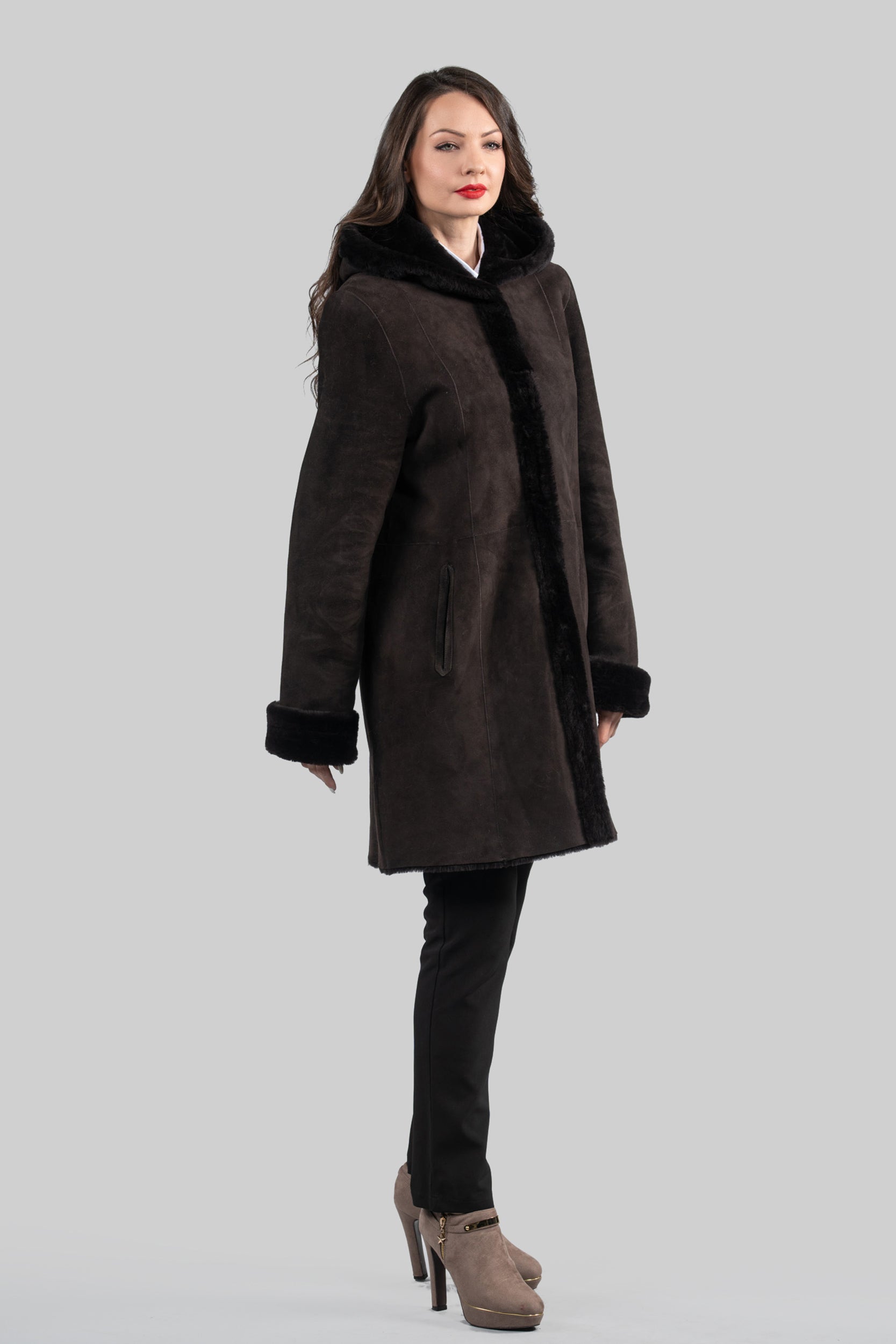 Hooded Brown Half Coat In Spanish Merino 207H