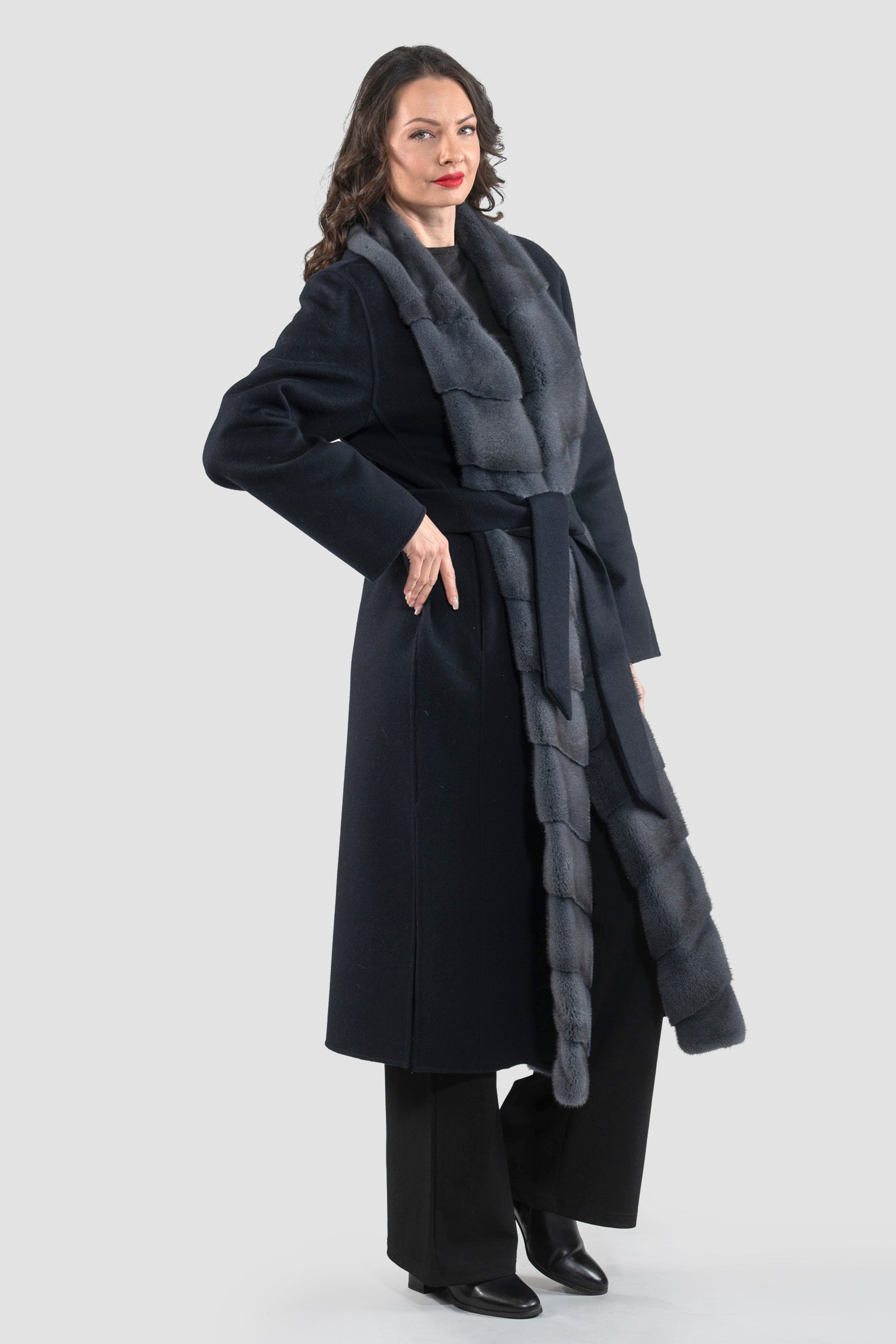Blue Black Cashmere Coat with Mink Trim 3321