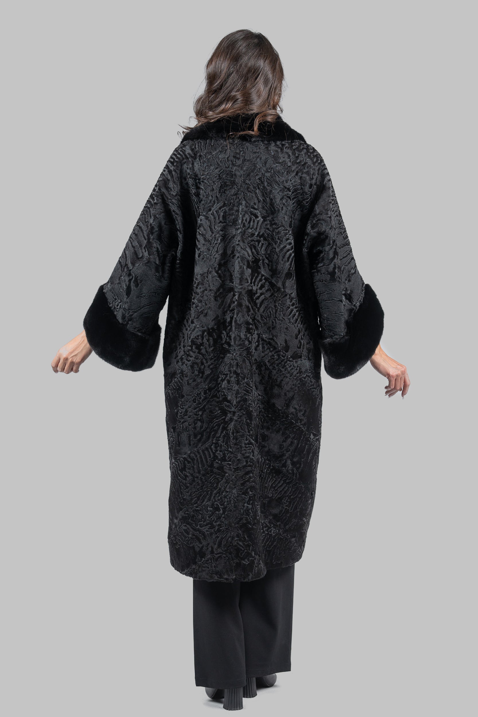 Black Swakara Coat with Mink-Trimmed Notch Collar A/K13C848s34v30