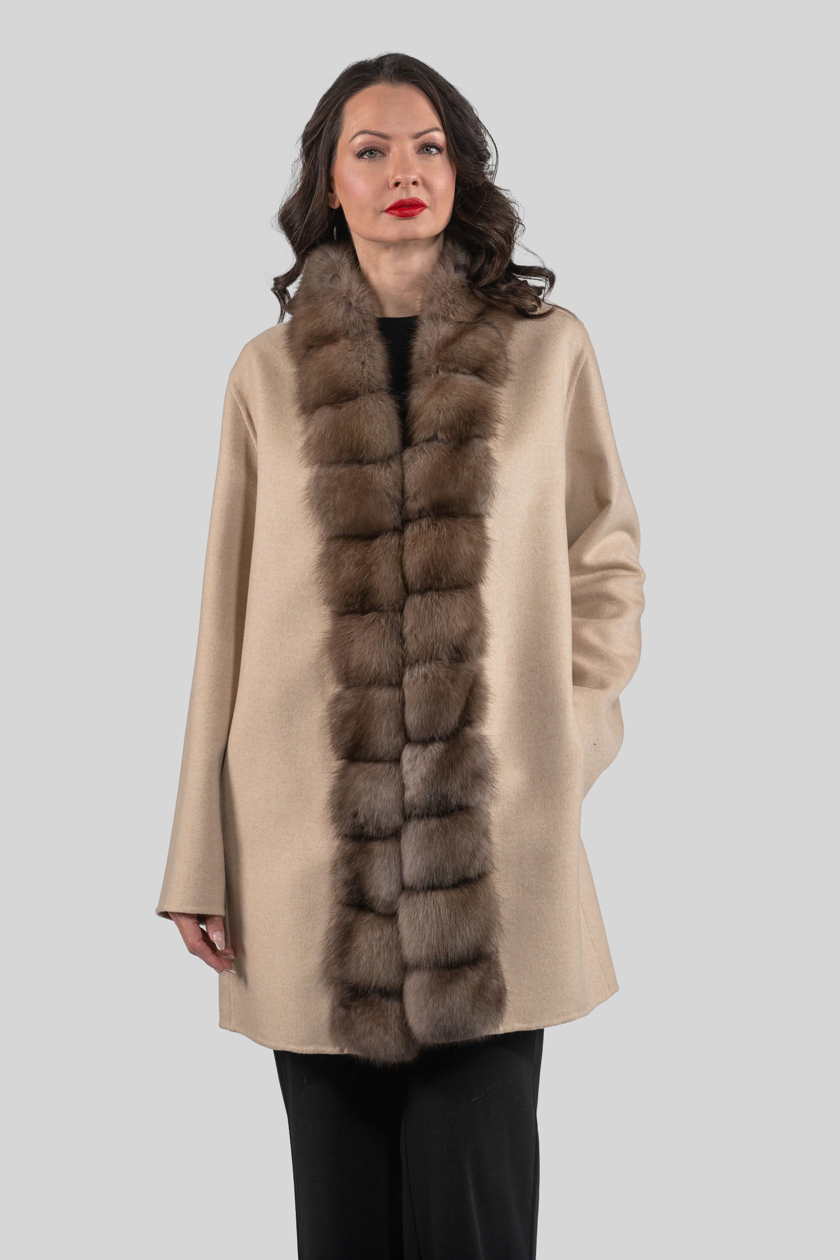 Ecru Cashmere Half Coat with Russian Sable Trim 21C6080