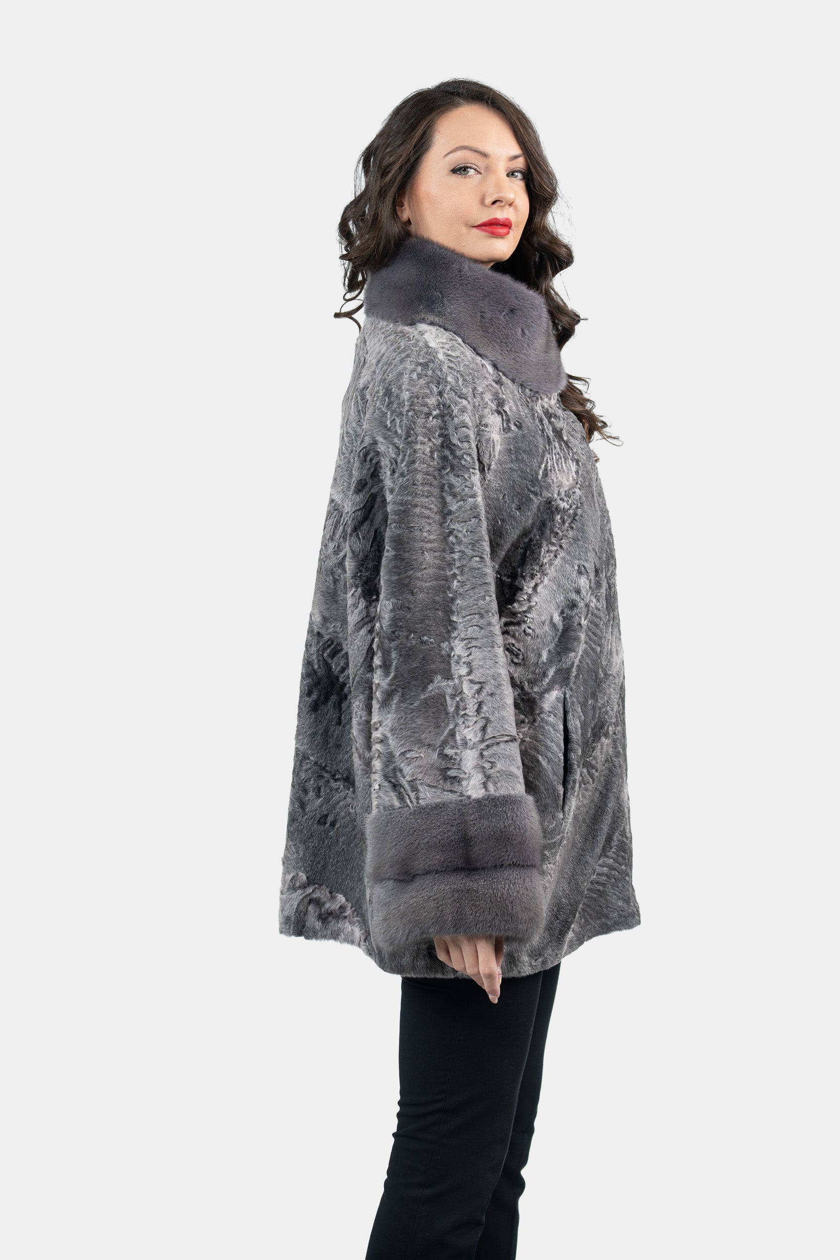 Grey Moon Swakara Half Coat with Mink Trim A/K13C848