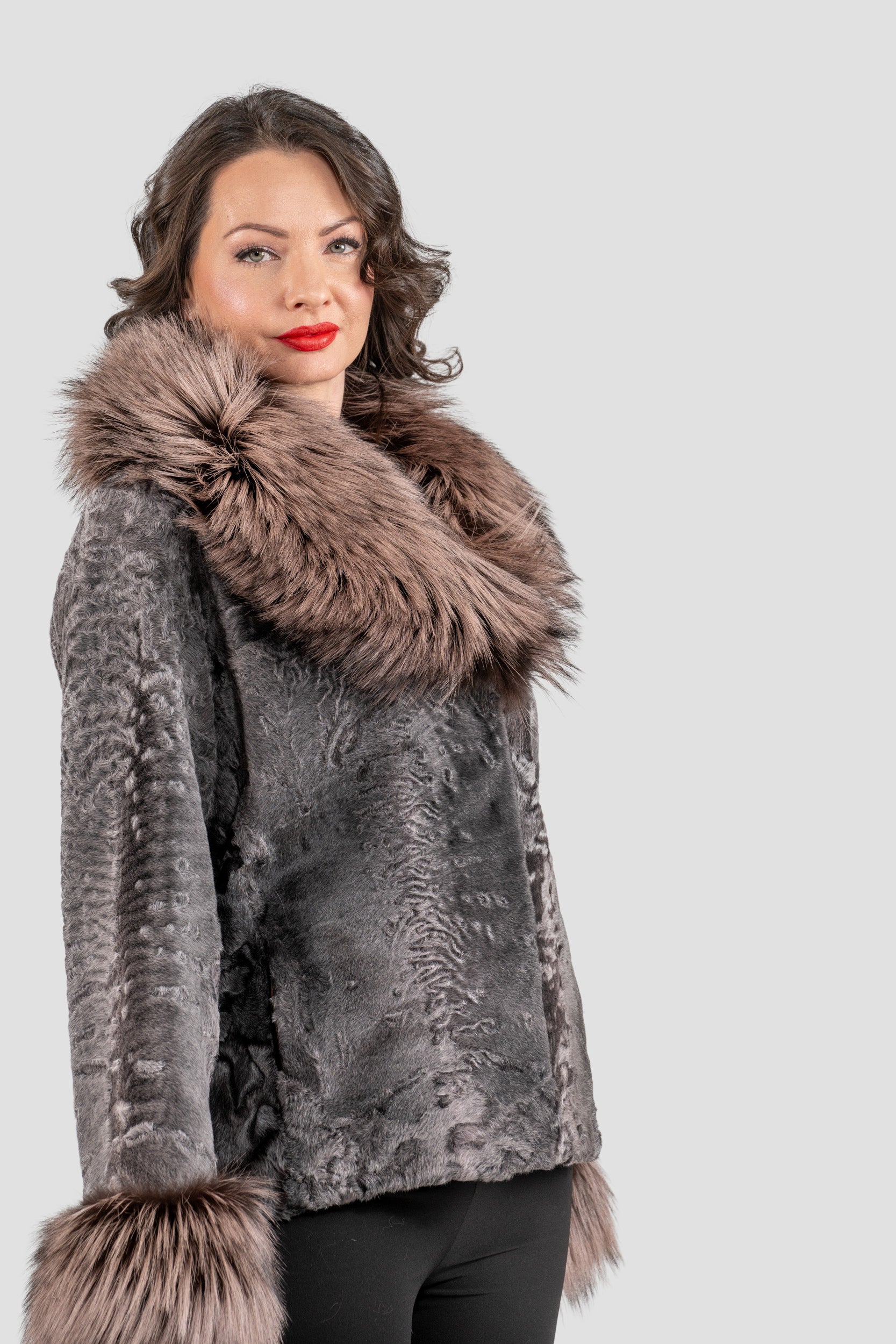 Grey Moon Swakara Jacket with Fox Fur Trim Notch Collar and Cuffs S/S13C528s20