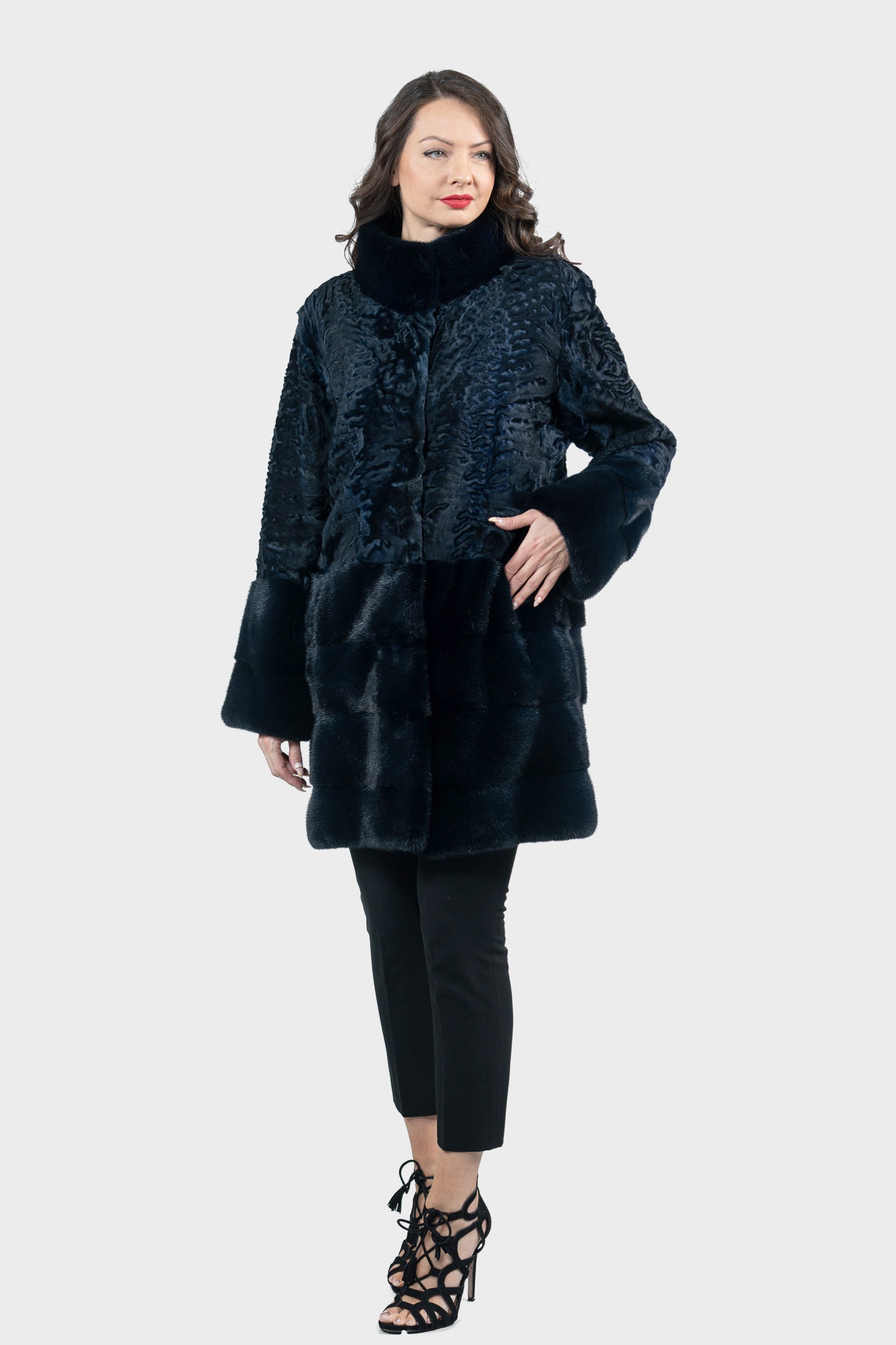 Blue Black Swakara Half Coat with Mink Trim S/SR/K16C733