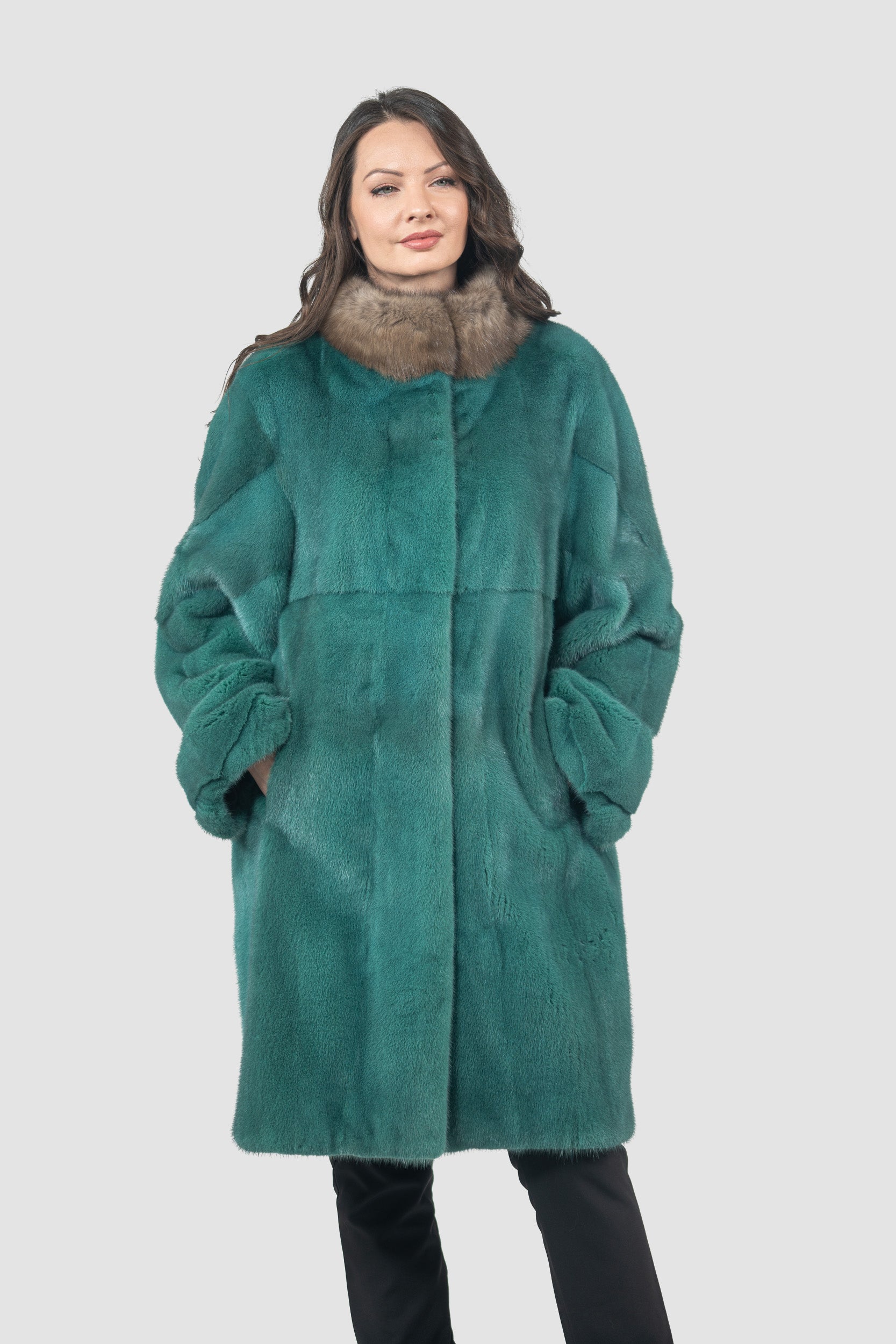 Green Mink Half Coat with Russian Sable-Trimmed Stand Collar CLER