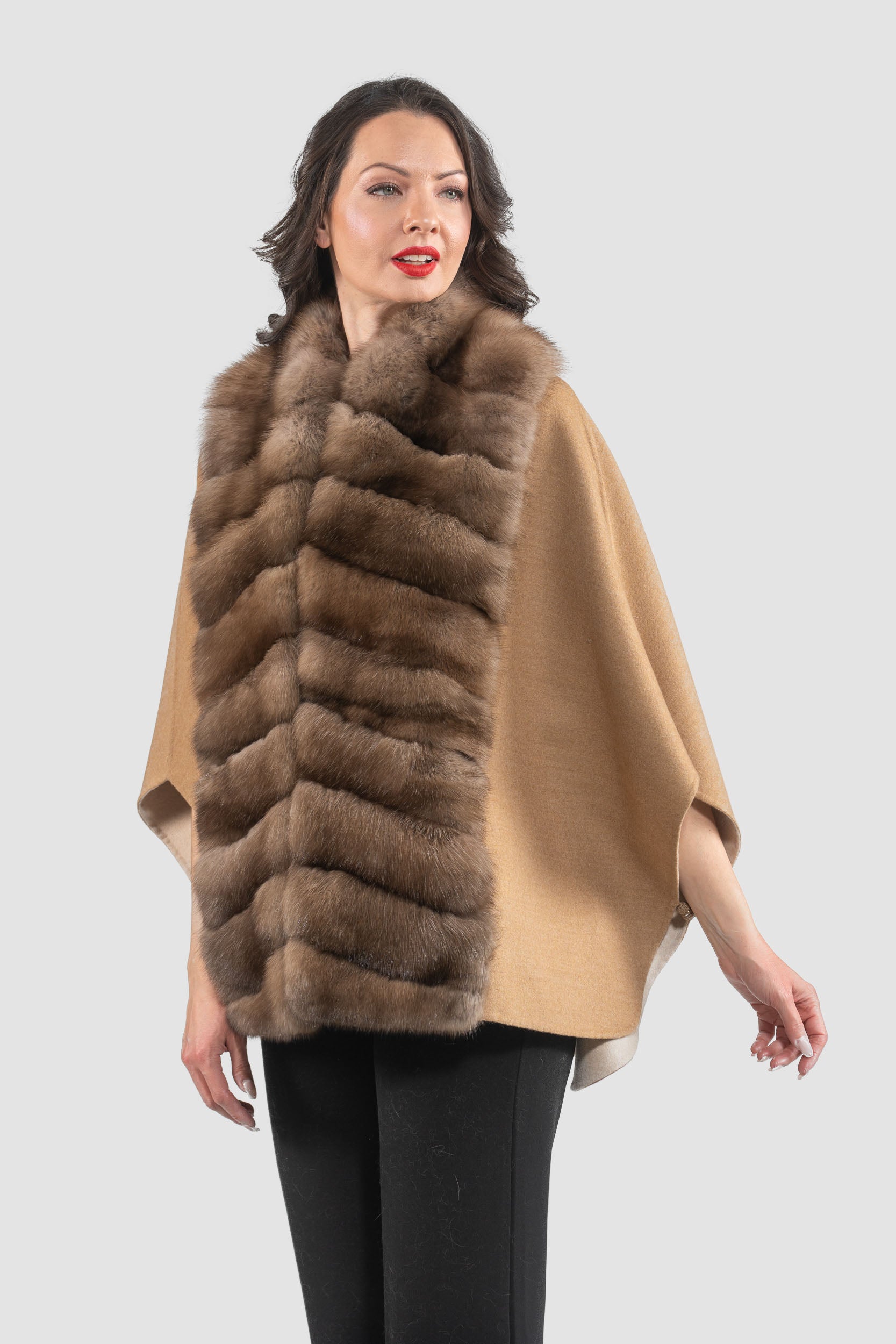 Beige Cashmere Cape with Russian Sable Trim 18M95088