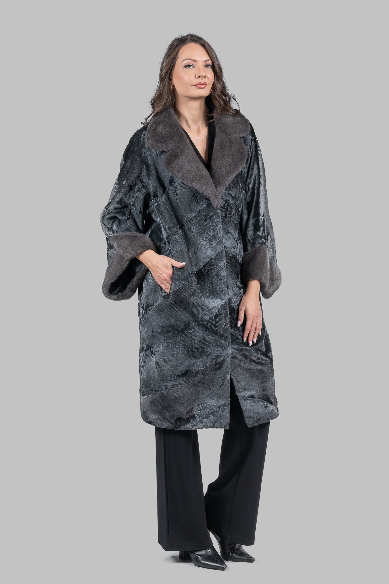 Acciaio Swakara Oversized Half Coat with Titanium Mink Trim A/K13C848gs20v30