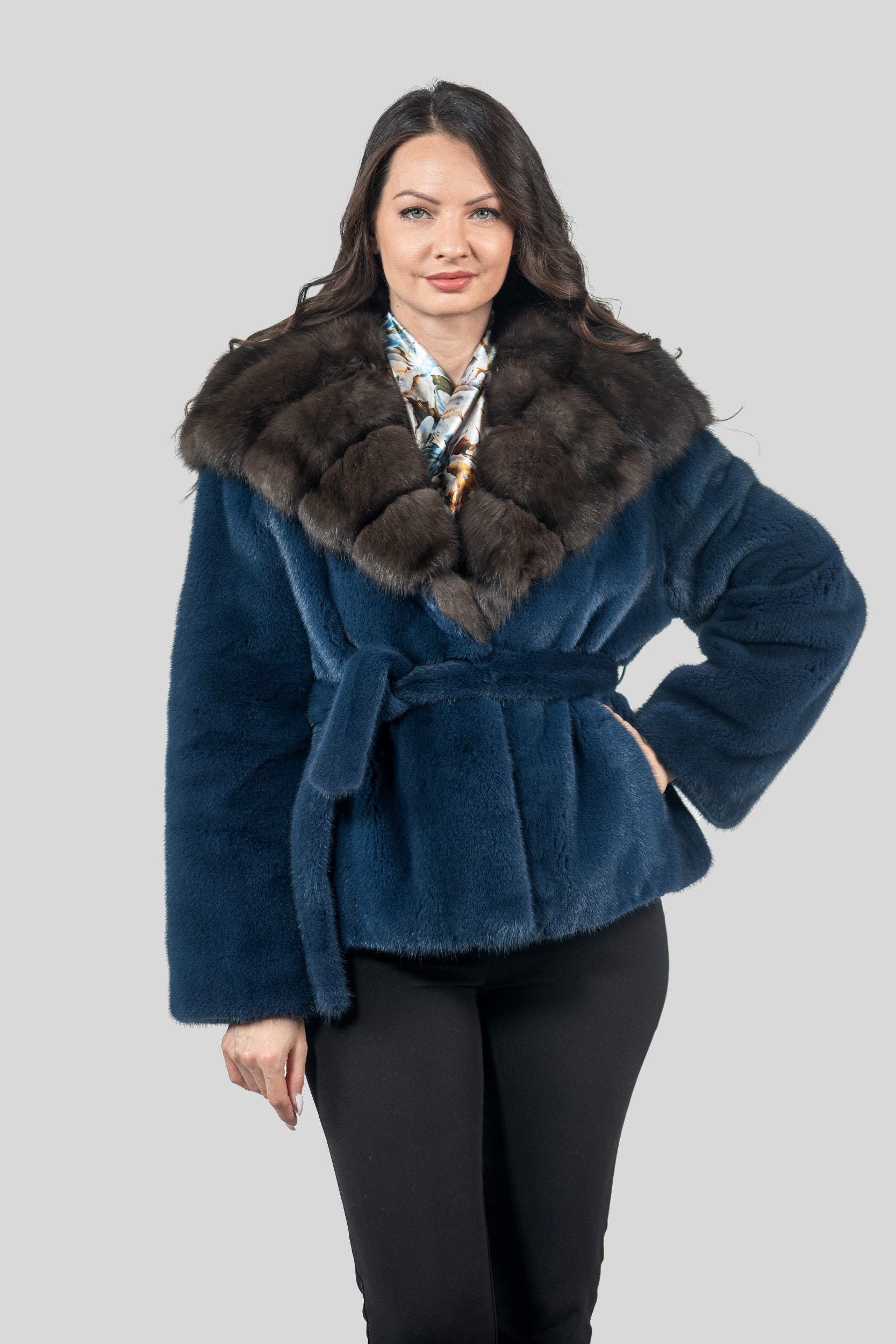 Blue Jean Mink Half Coat with Russian Sable Hood L/O13C978