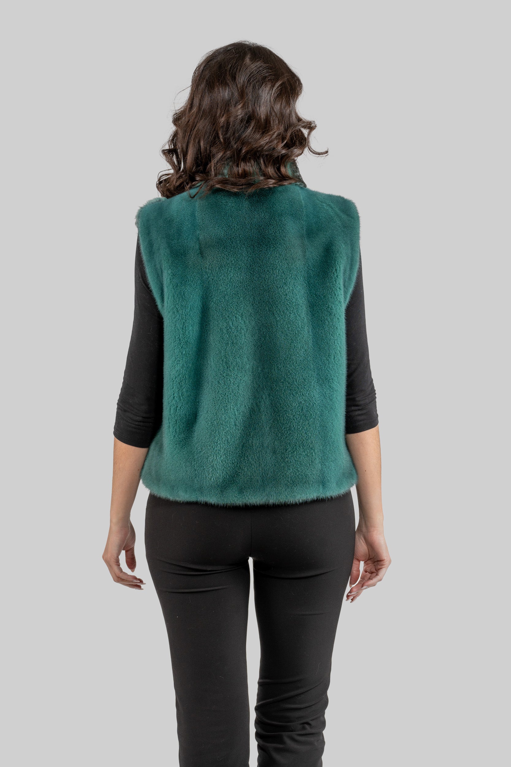Emerald Green Chinchilla Fur Vest with Stand Collar and Mink Trim P/K2201