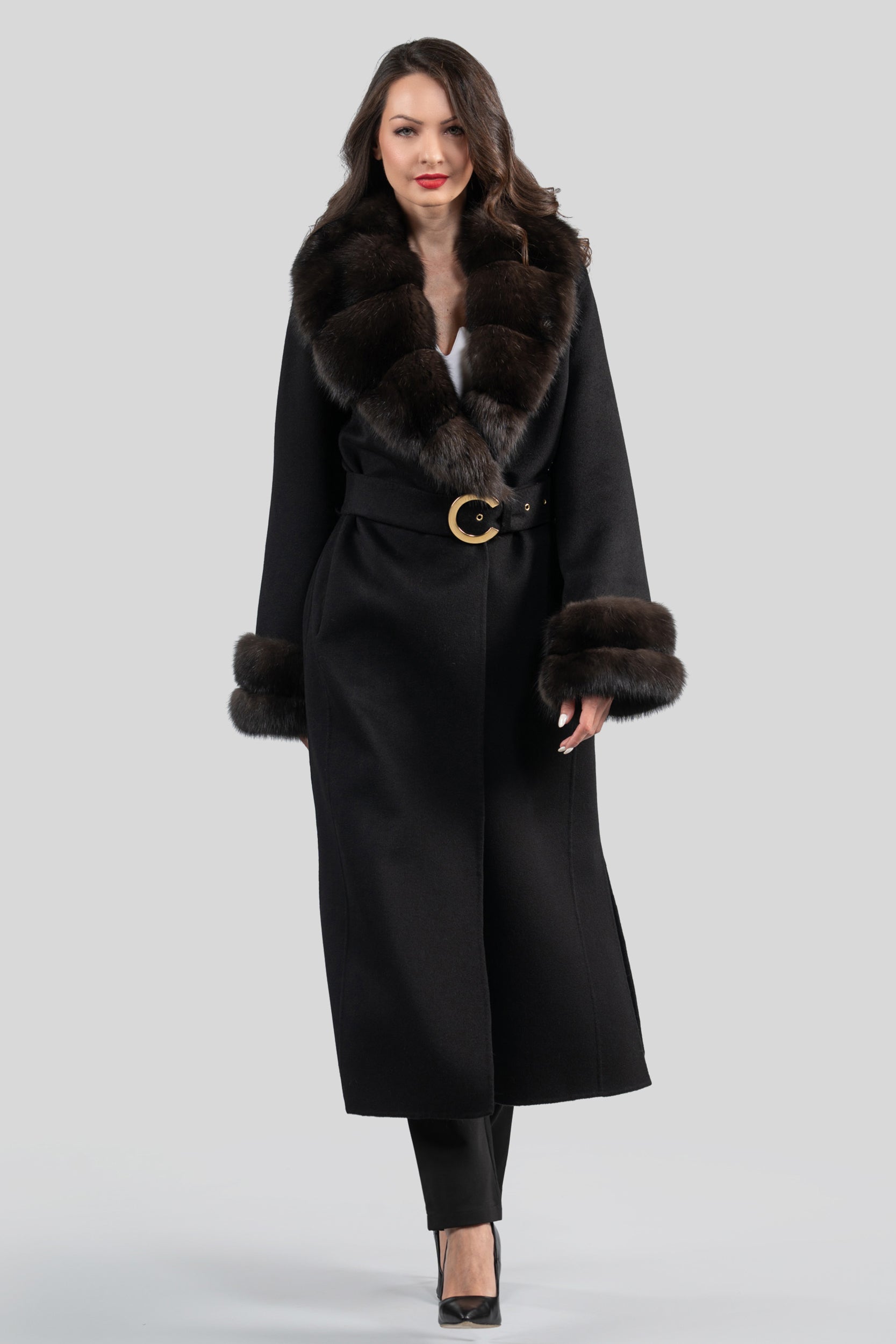 Black Cashmere Coat with Russian Sable Shawl Collar 20C8070