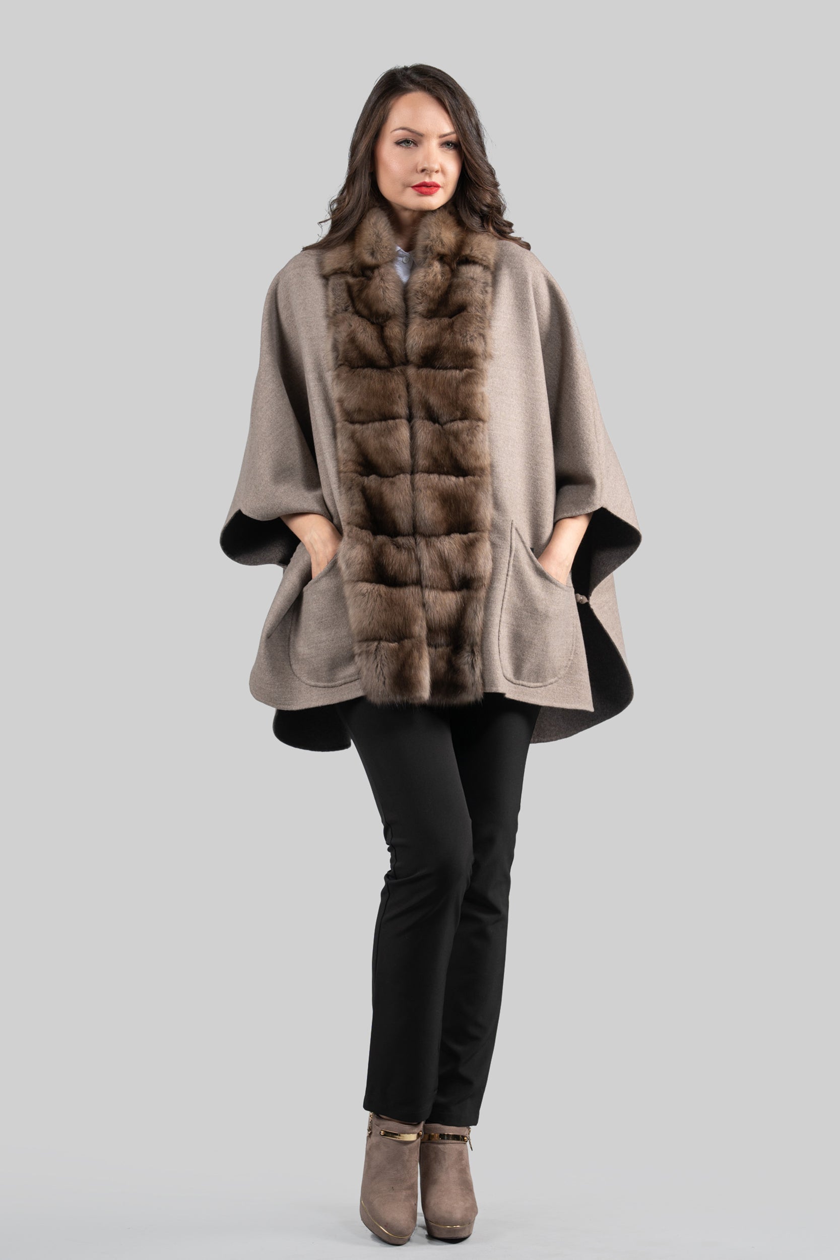 Grey Brown Cashmere Cape with Russian Sable Trim 18M951