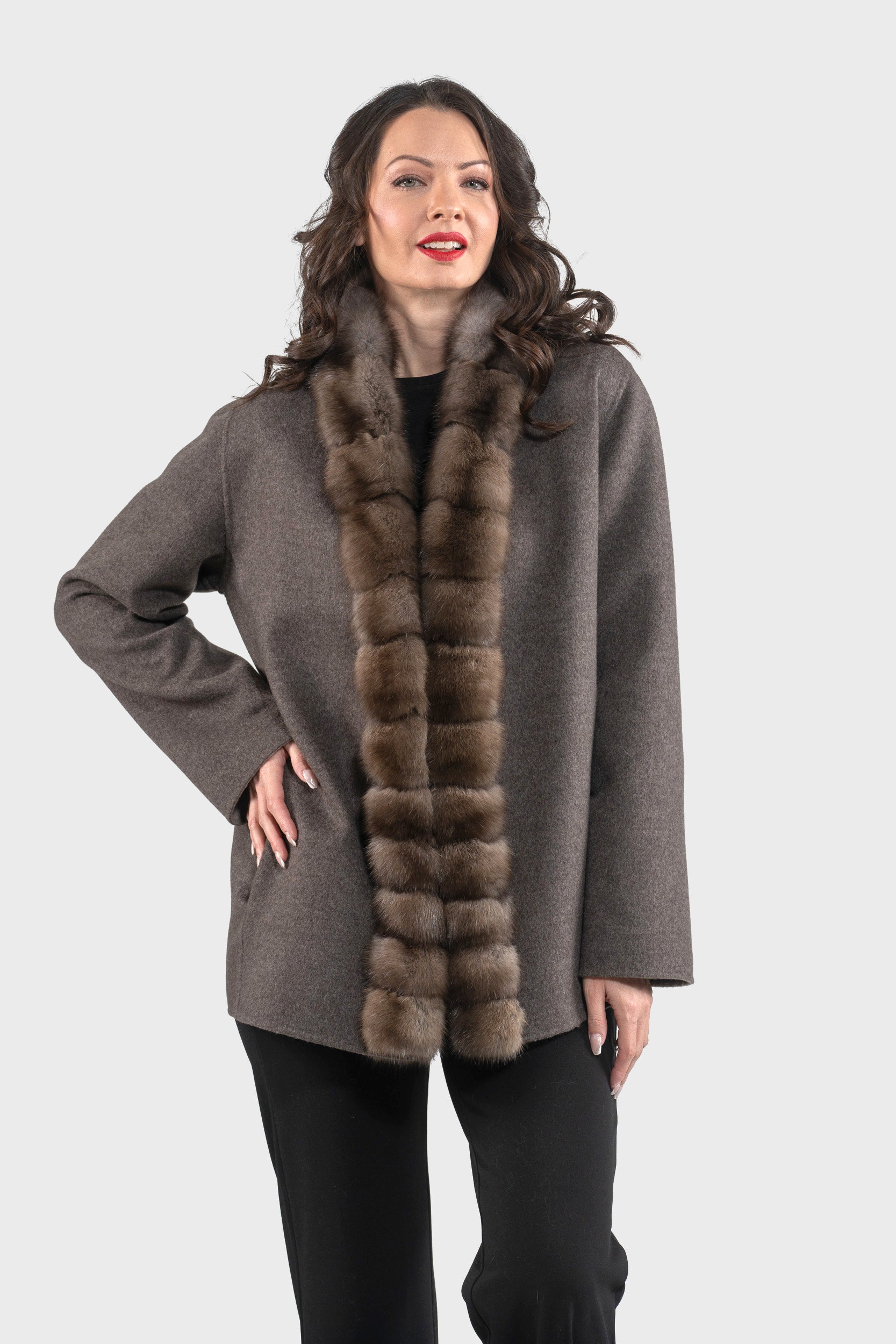 Brown Grey Cashmere Jacket with Russian Sable Trim 21C6080