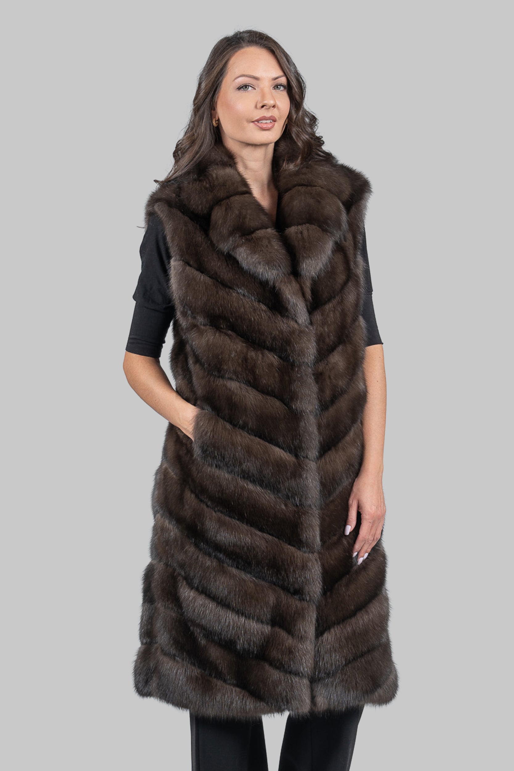 Dark Sable Long Vest with Notch Collar V/K13c519s20