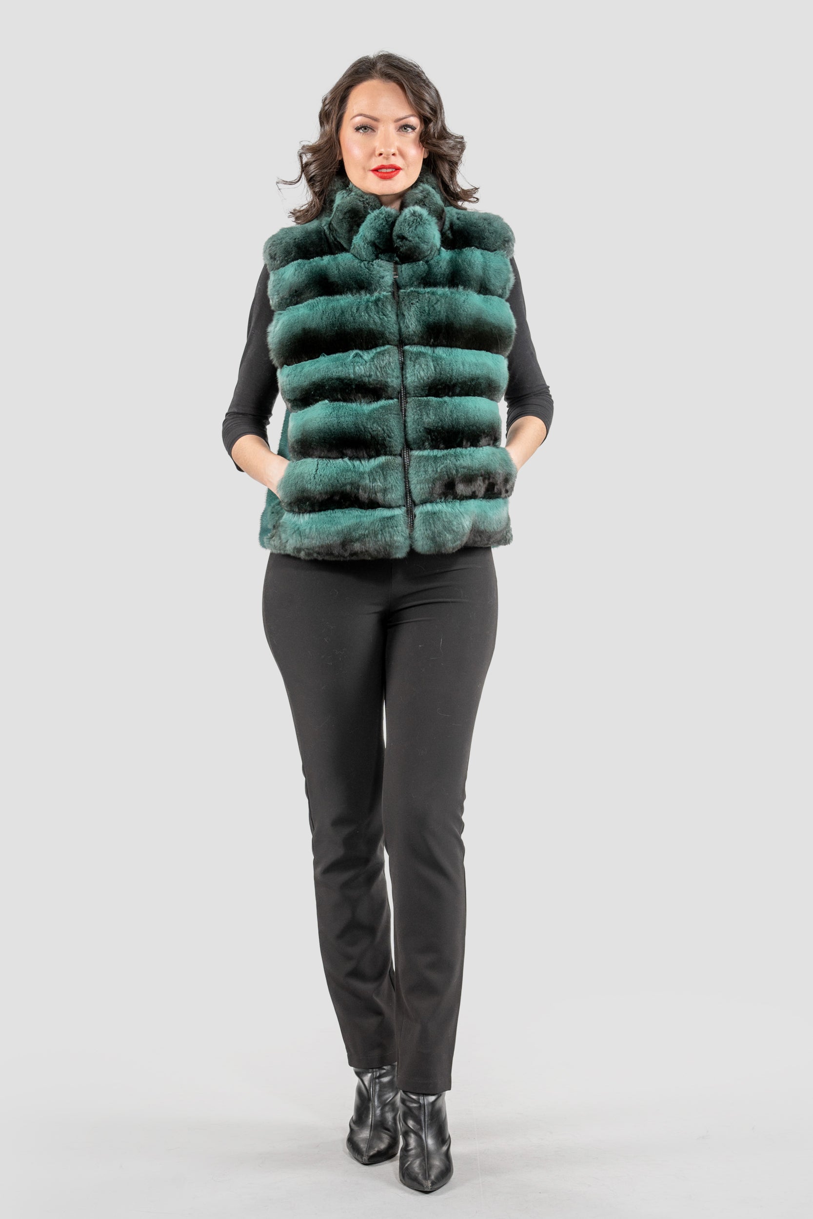 Emerald Green Chinchilla Fur Vest with Stand Collar and Mink Trim P/K2201