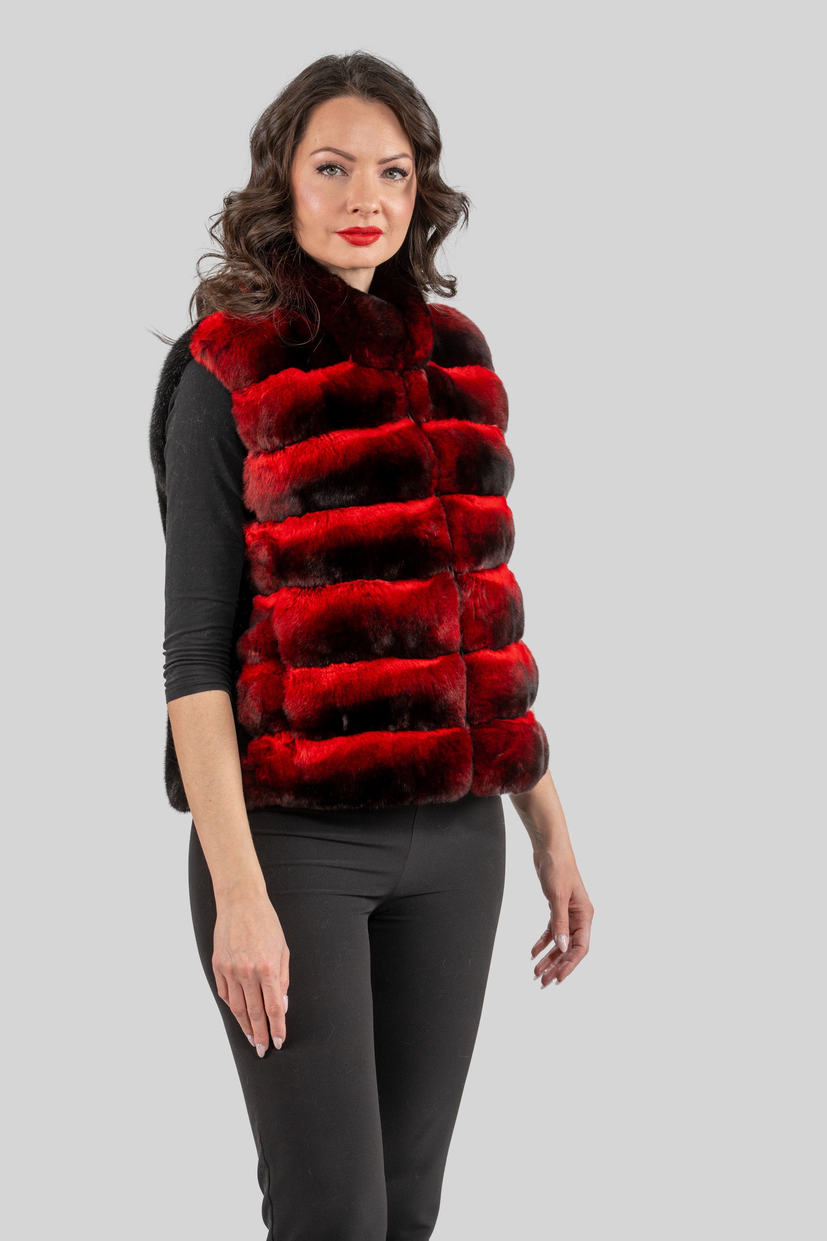 Red Chinchilla Vest with Stand Collar and Mink Trim P/K2201