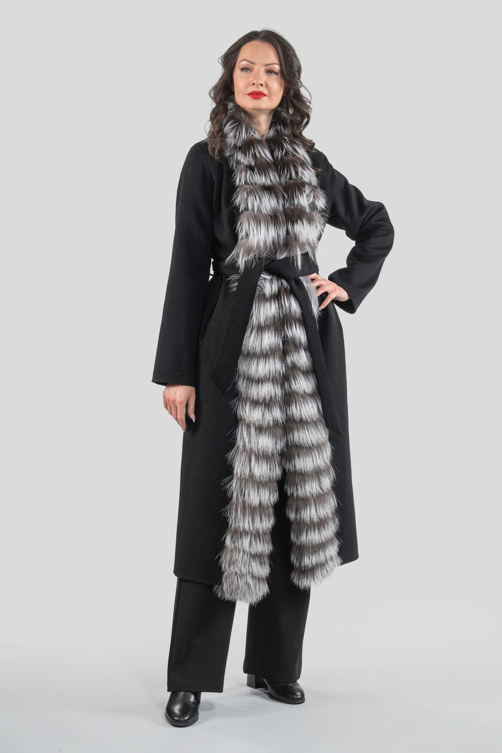 Black Cashmere Coat with Fox Trim 21C6080