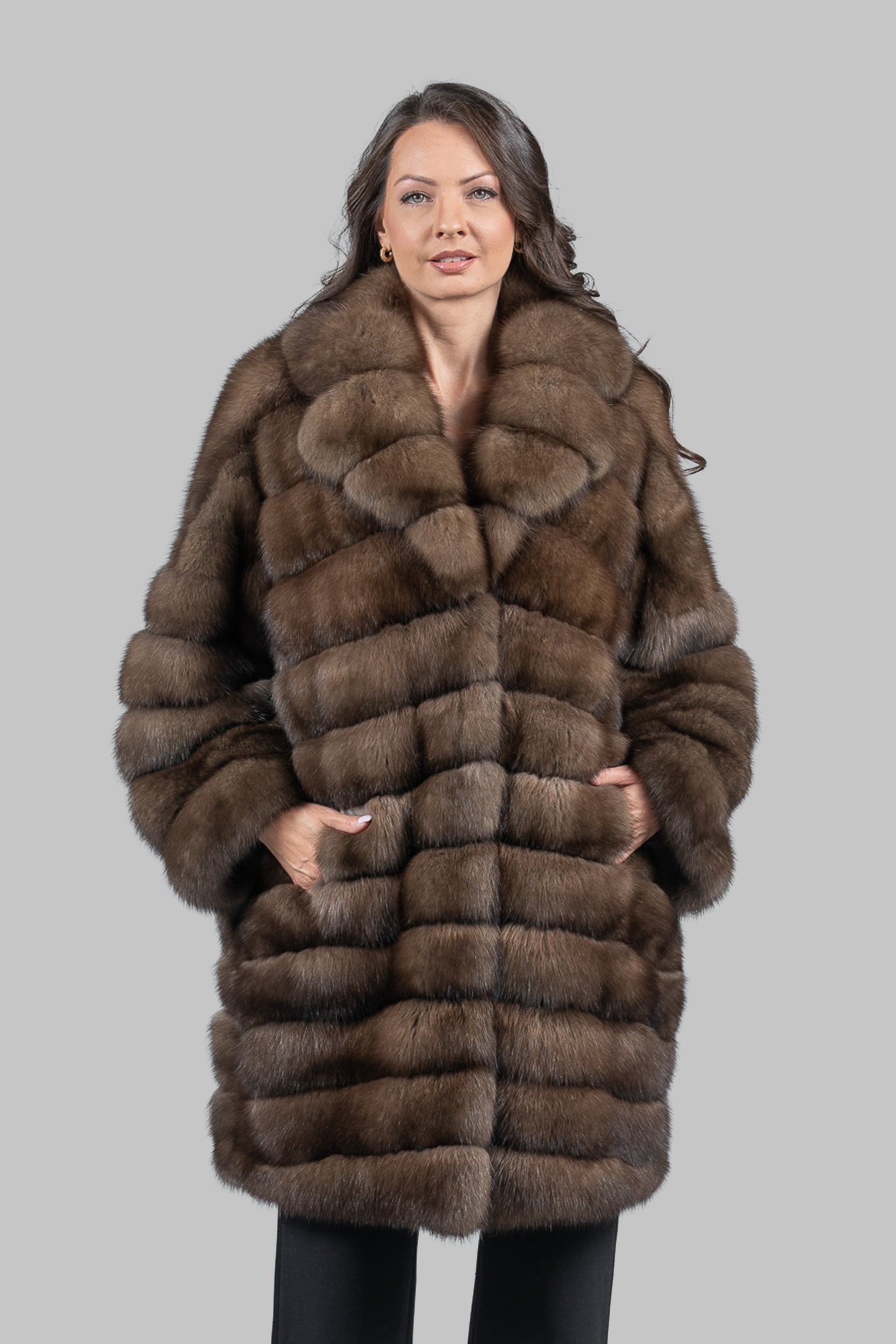 Graphite Russian Sable Horizontal Coat with Notch Collar A/K13C848G034