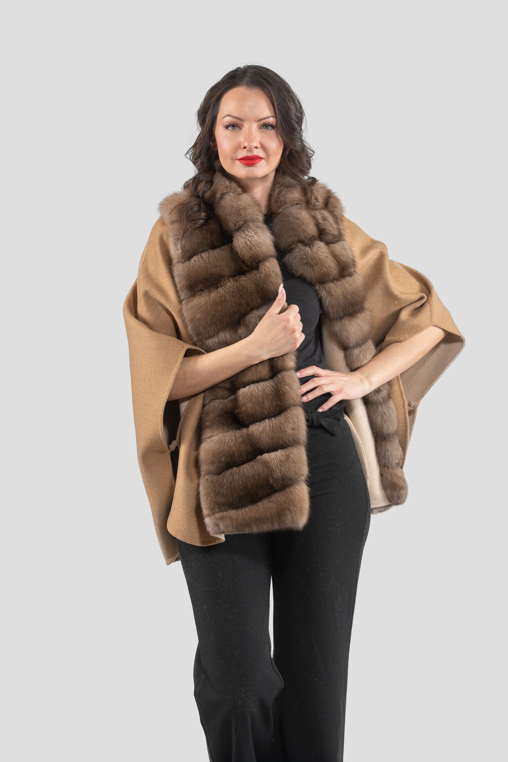 Ecru Beige Cashmere Cape with Russian Sable Trim 18M95088