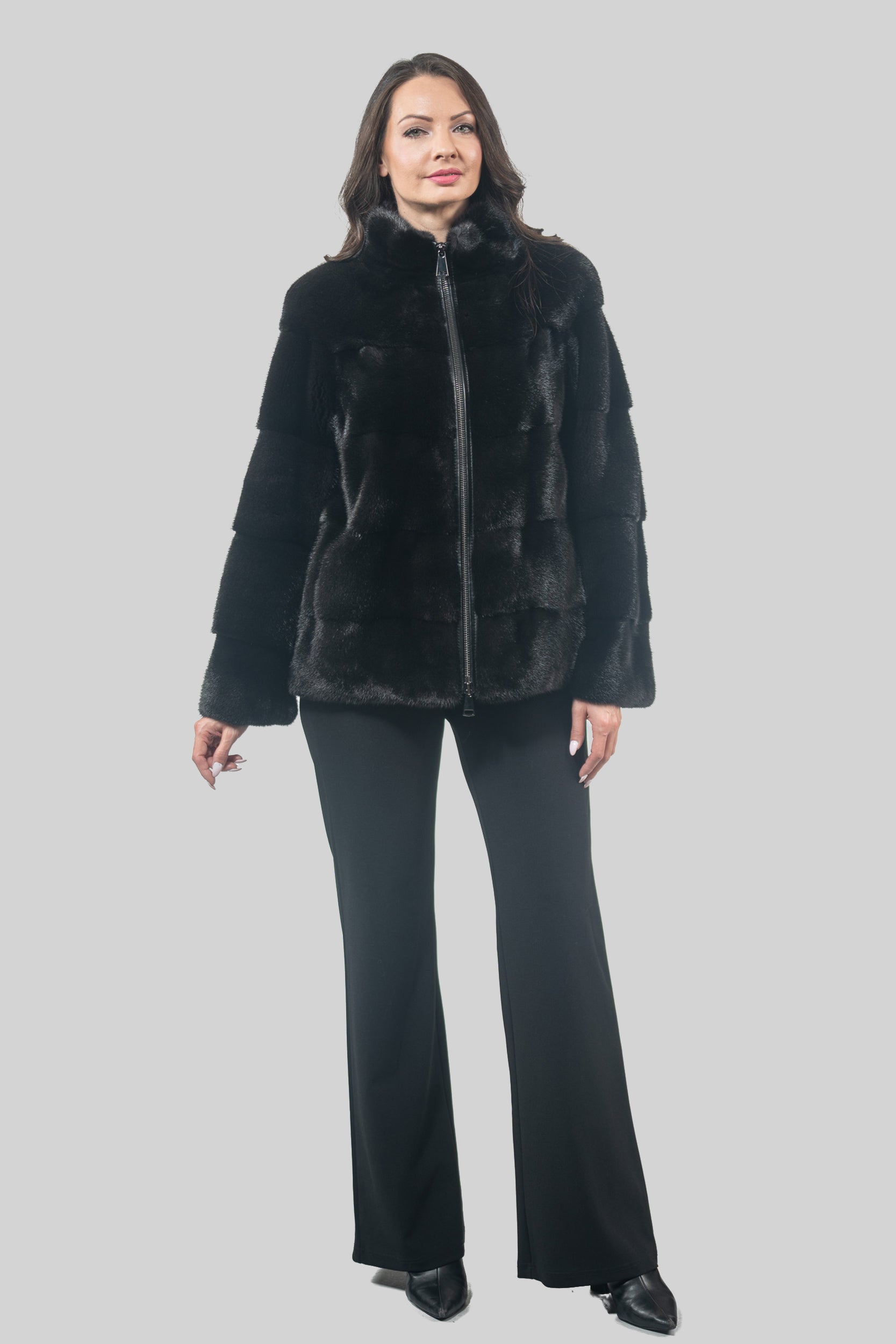 Black Mink Jacket with Stand Collar and Zipper P/K13C224
