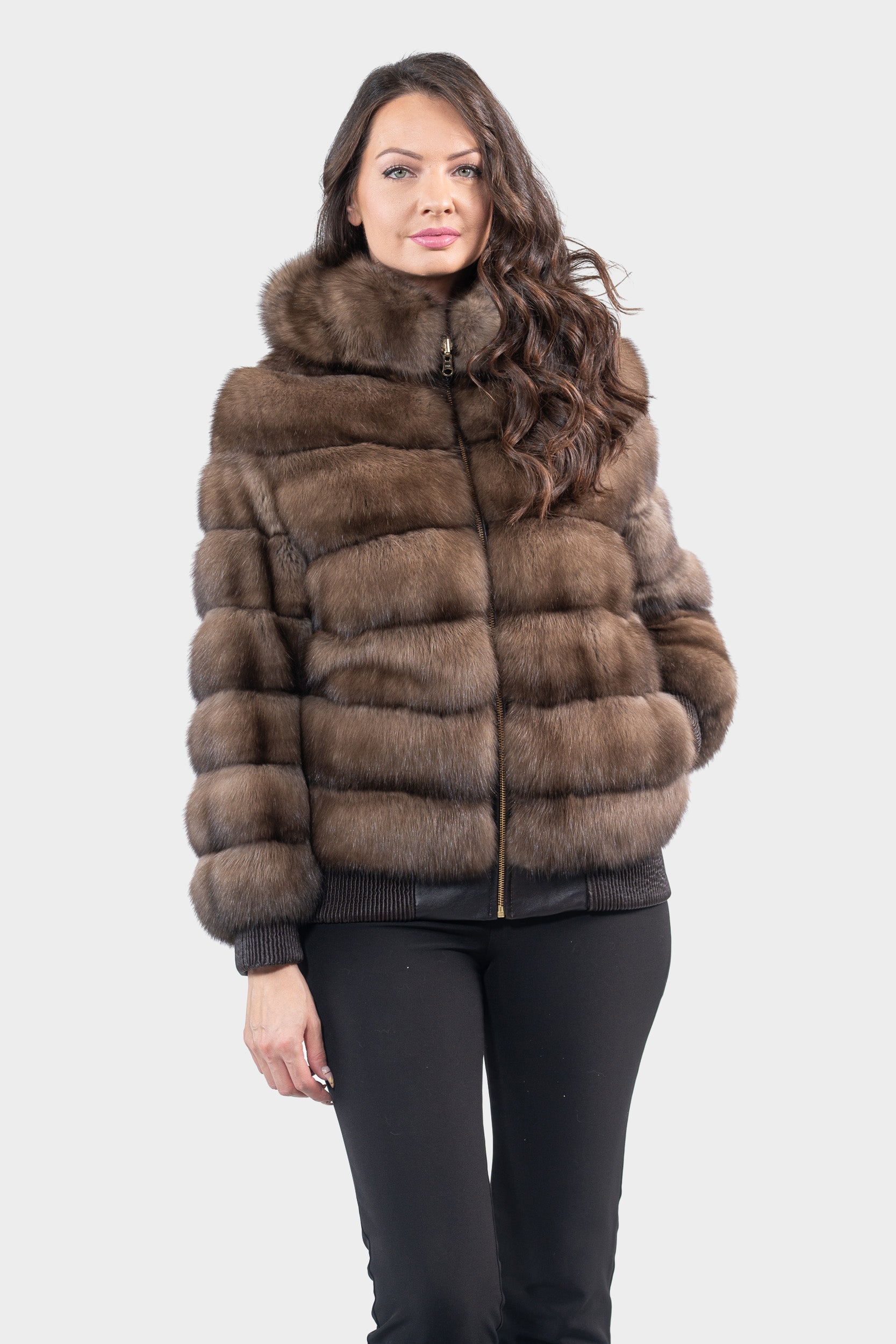 Reversible Titanium Russian Sable Bomber Jacket with Attached Hood P/K228H