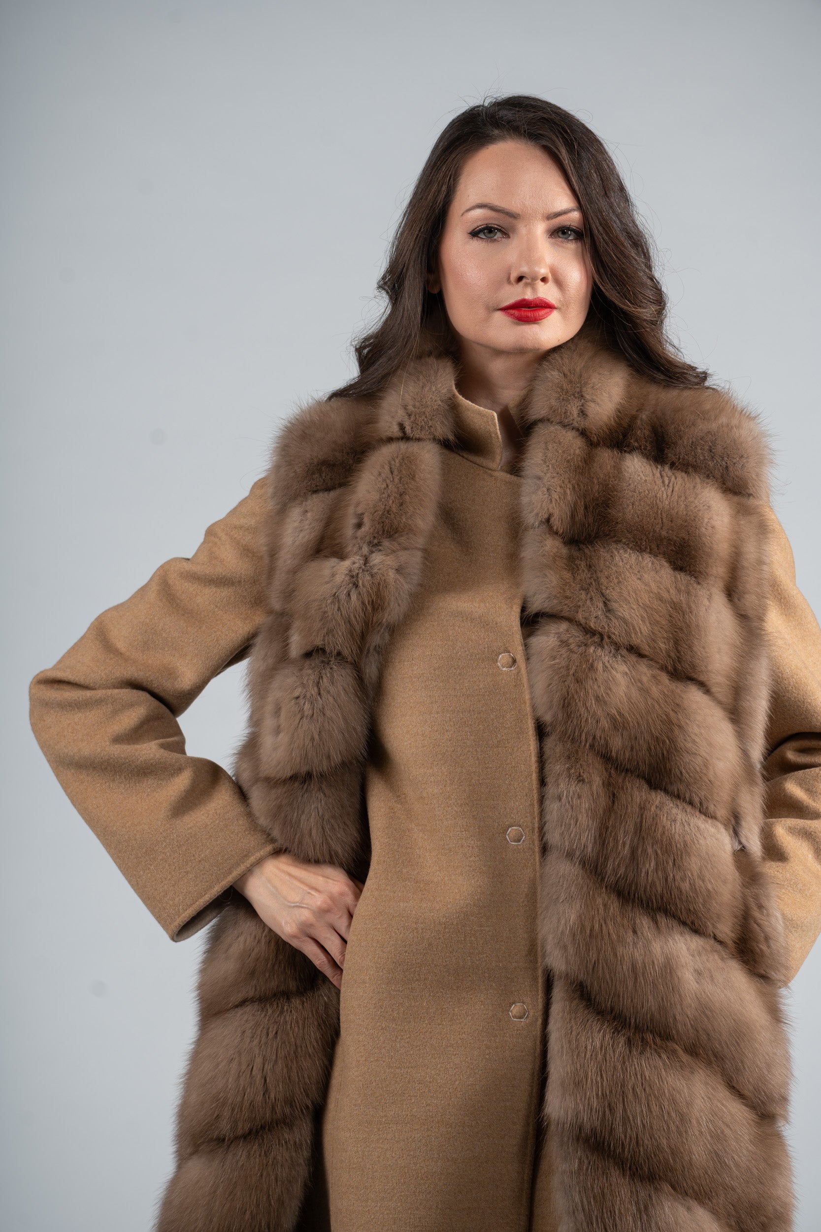 Beige Cashmere Half Coat & Vest with Baumarten Trim 17C8003