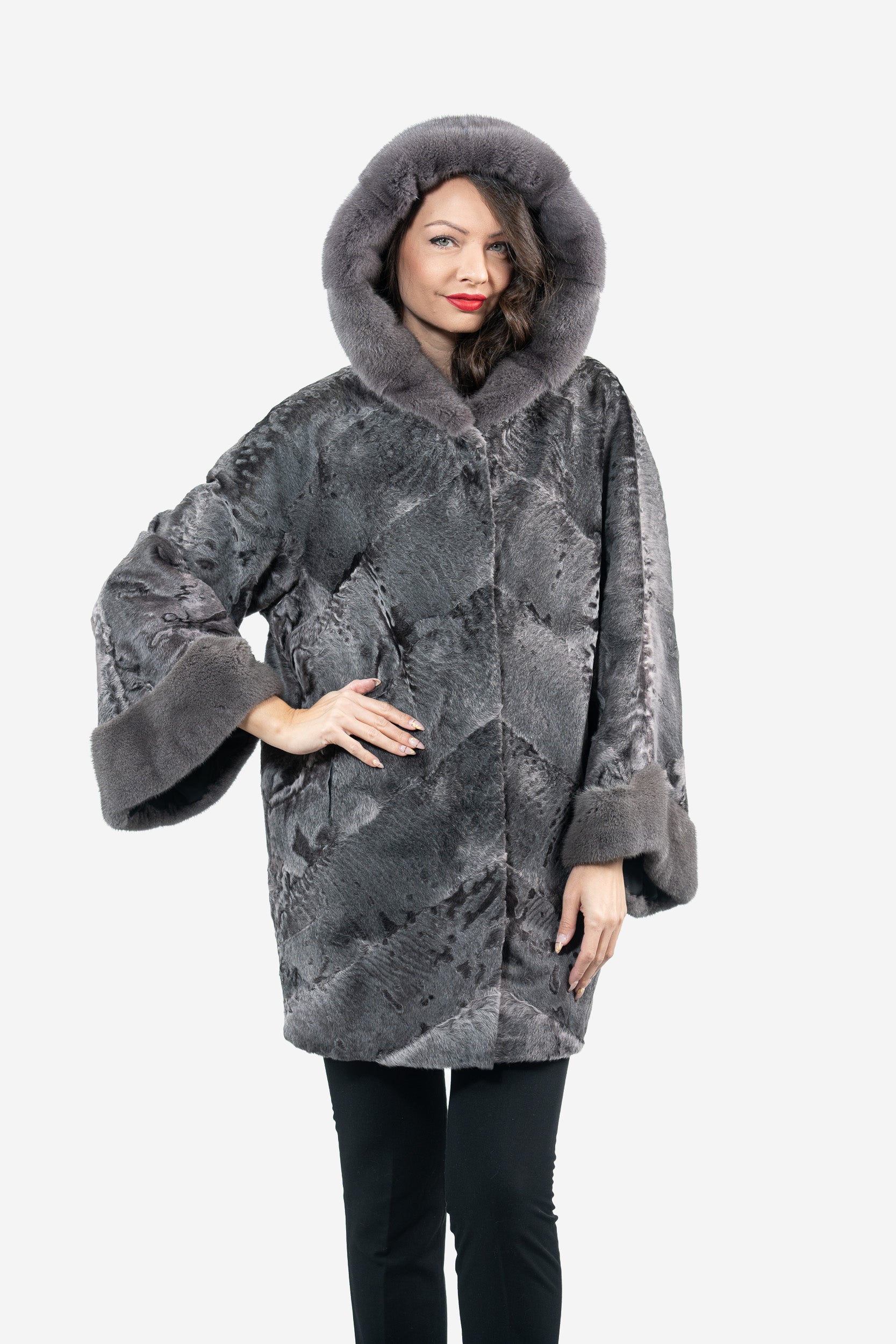 Grey Moon Swakara Half Coat with Mink Trim A/K850V30