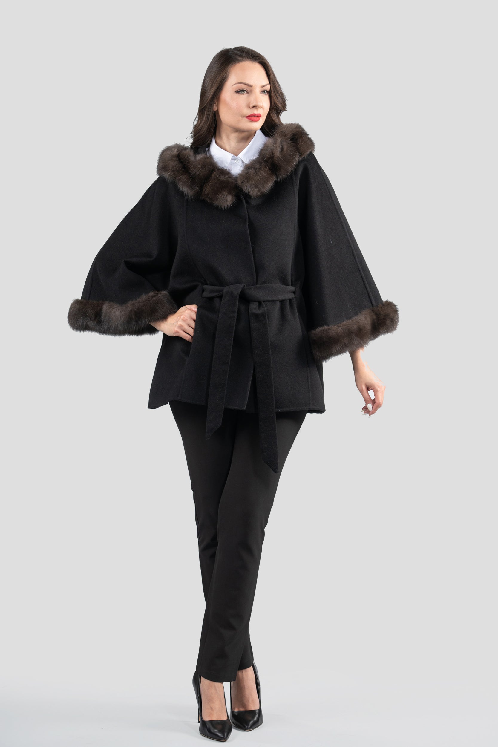 Black Cashmere Hooded Cape with Russian Sable Trim 2005H