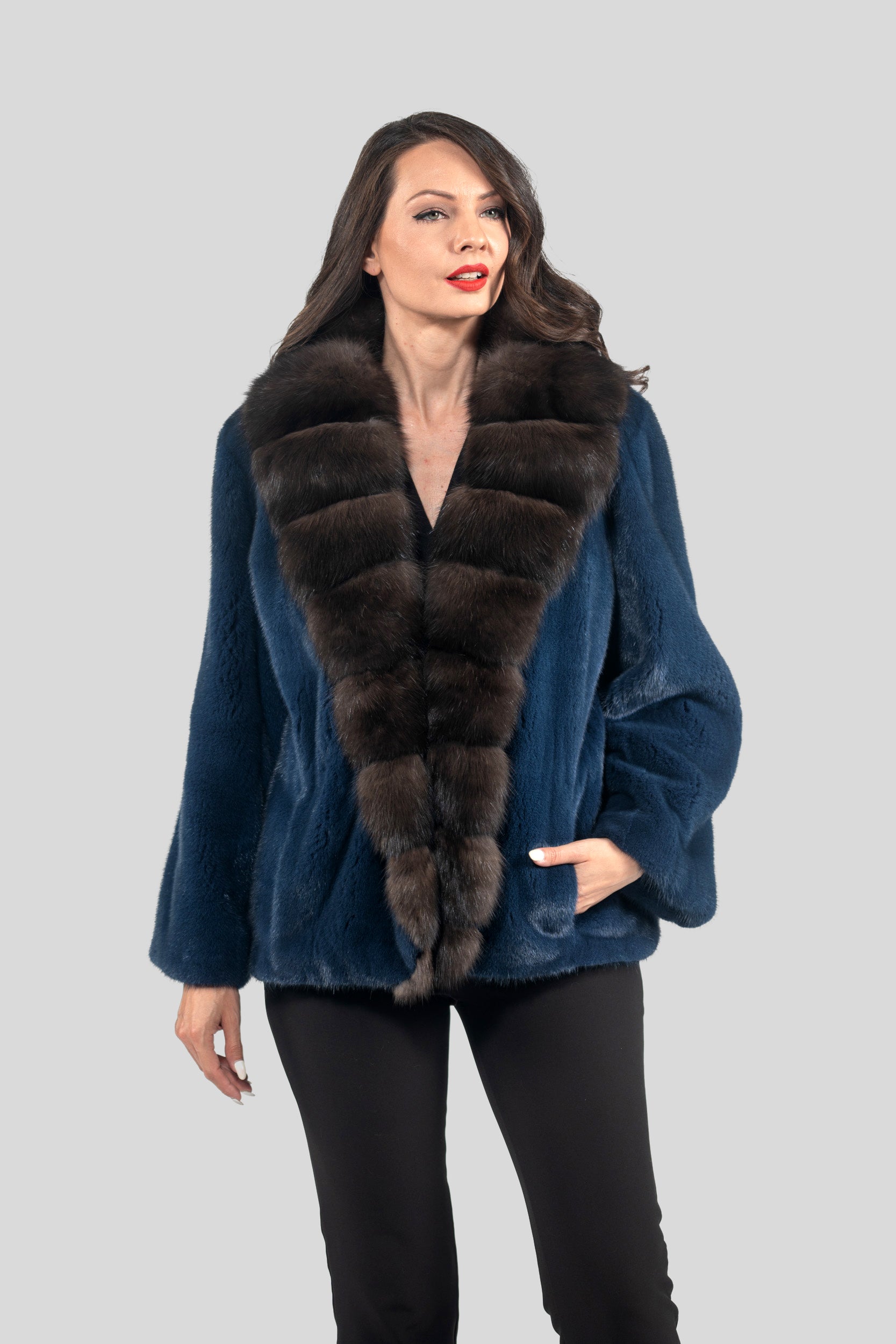Blue Jean Mink Jacket with Extended Russian Sable Shawl Collar L/O19C123