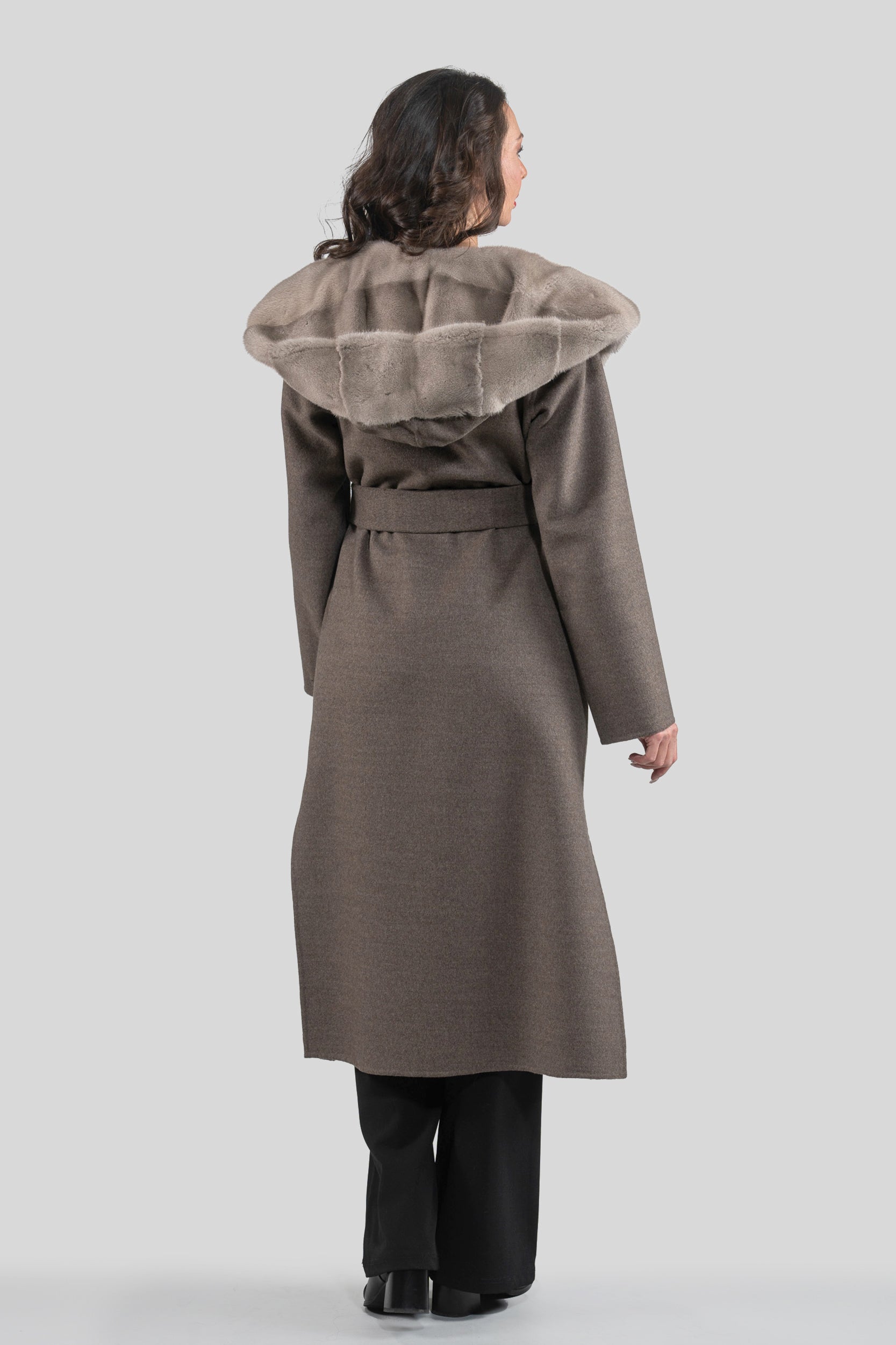 Grey Brown Cashmere Hooded Coat with Mink Trim 21C6080H540