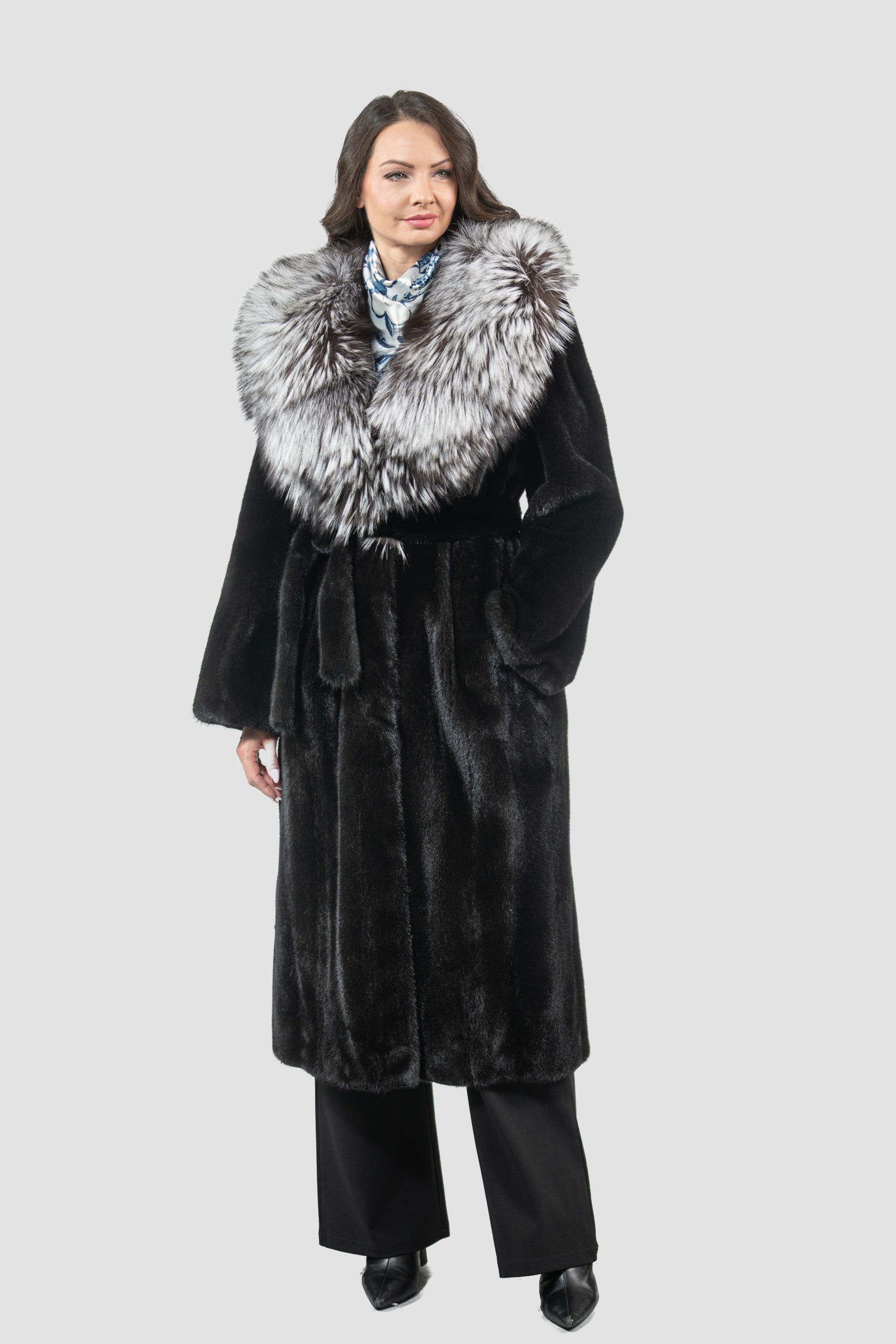 Blackgalama Mink Coat With Fox Shawl Collar L/O13C530gC17