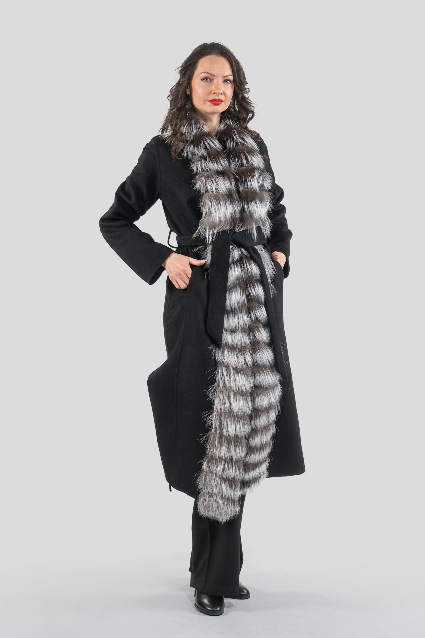 Black Cashmere Coat with Fox Trim 21C6080