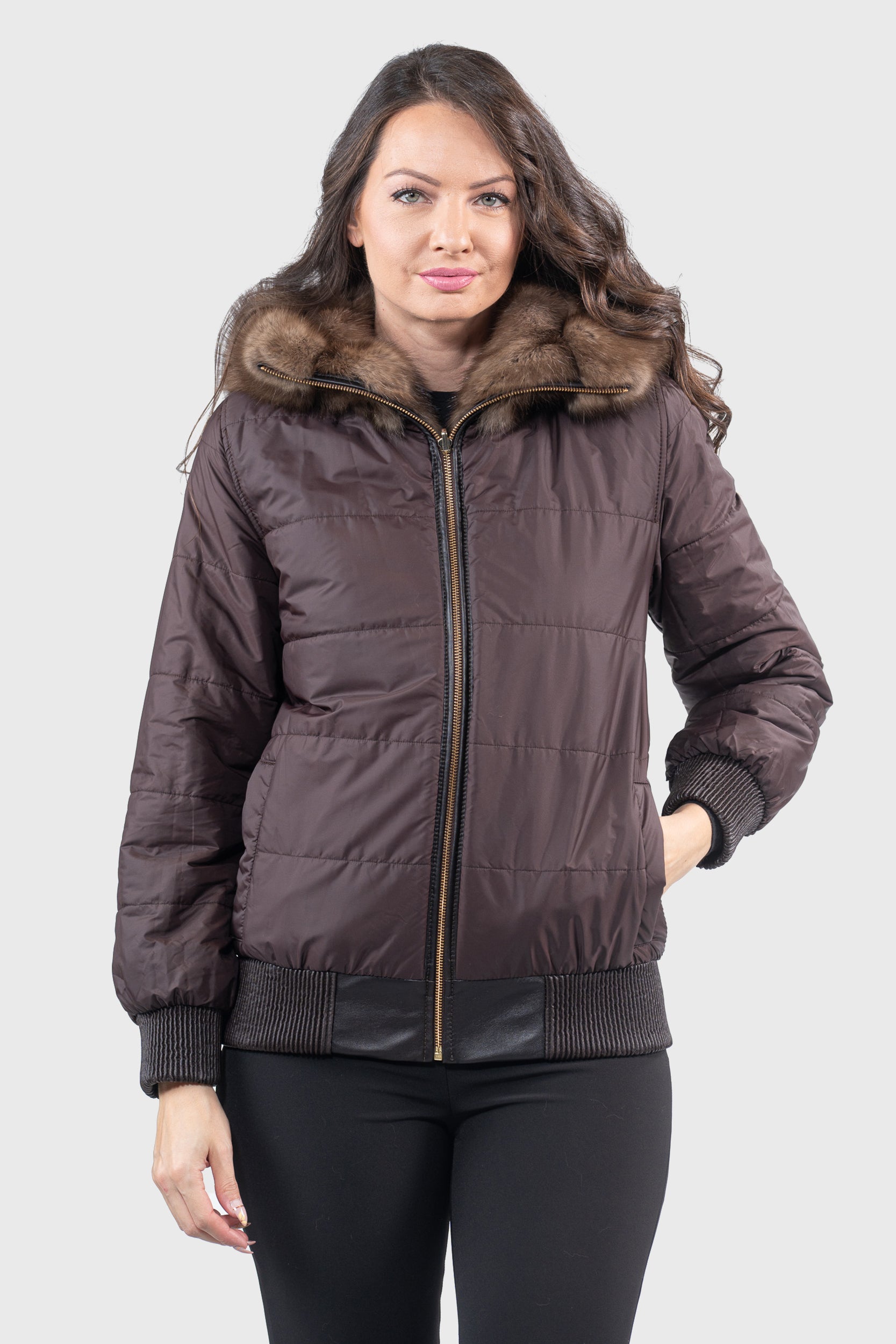 Reversible Titanium Russian Sable Bomber Jacket with Attached Hood P/K228H