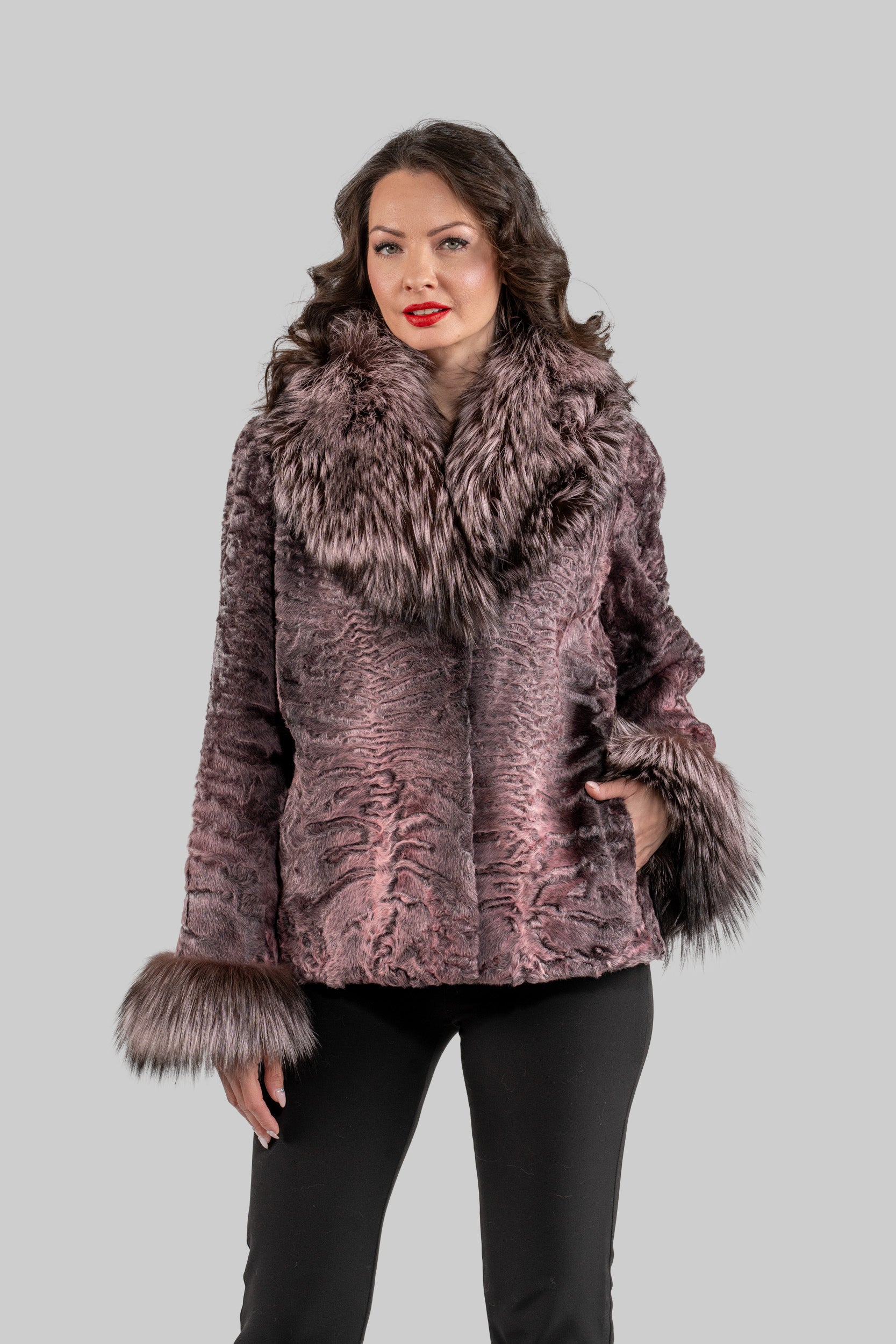 Swakara Jacket With Fox Fur Trim Notch Collar and Cuffs in Pink S/S13C528s20