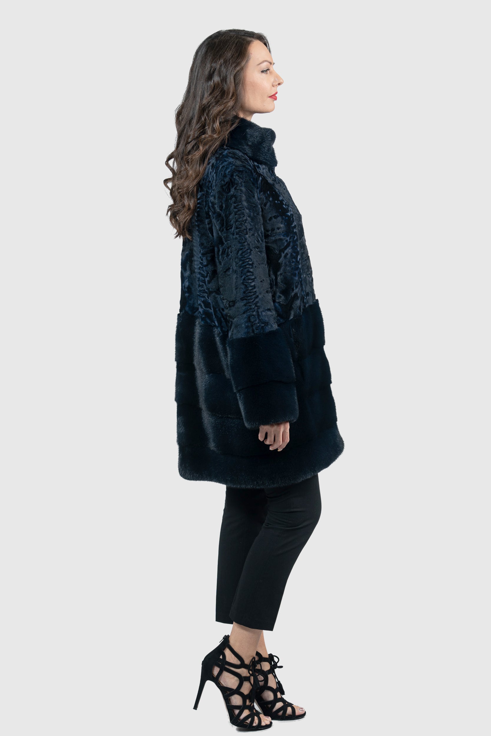 Blue Black Swakara Half Coat with Mink Trim S/SR/K16C733