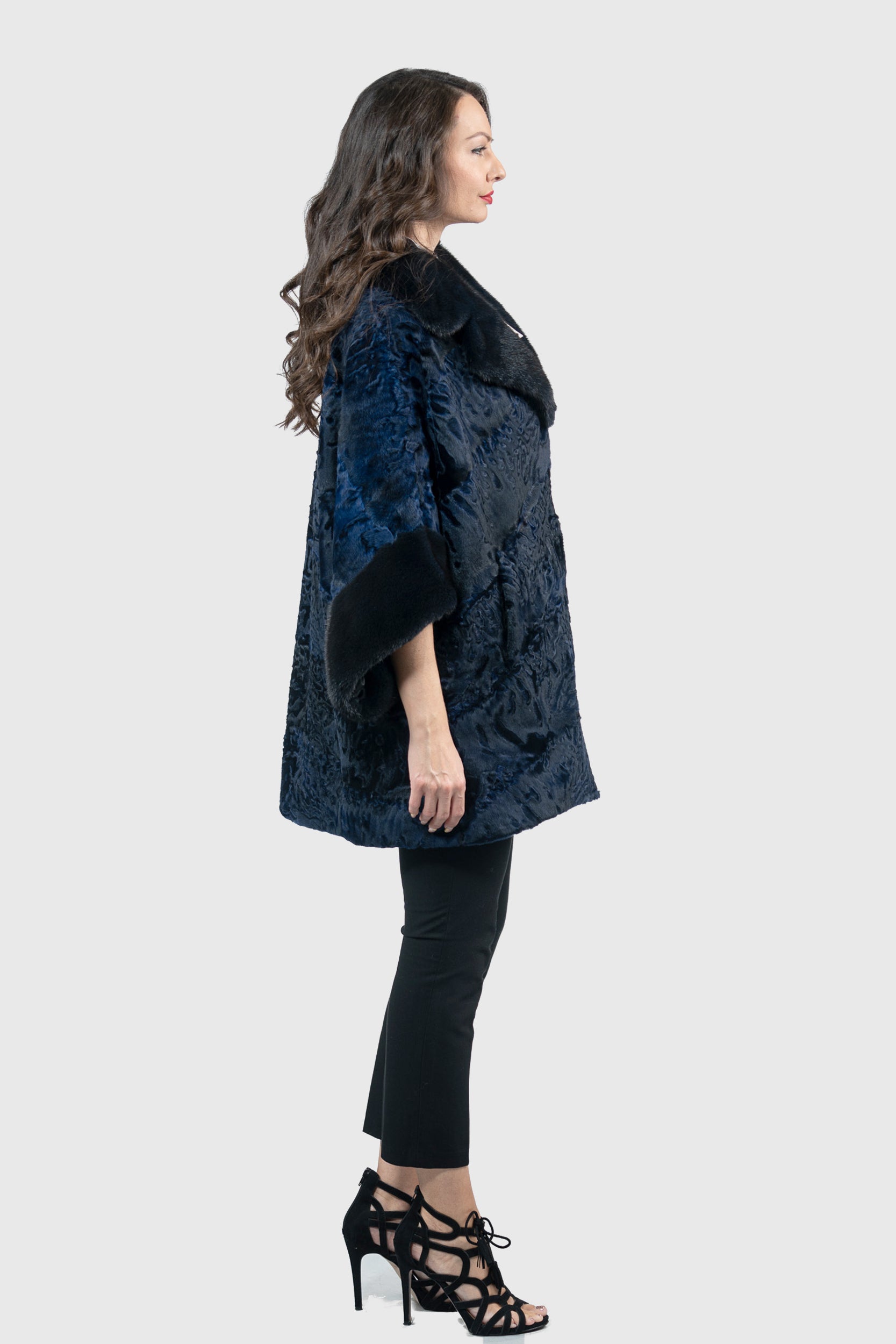 Blue Black Swakara Cape with Mink Notch Collar S/S929