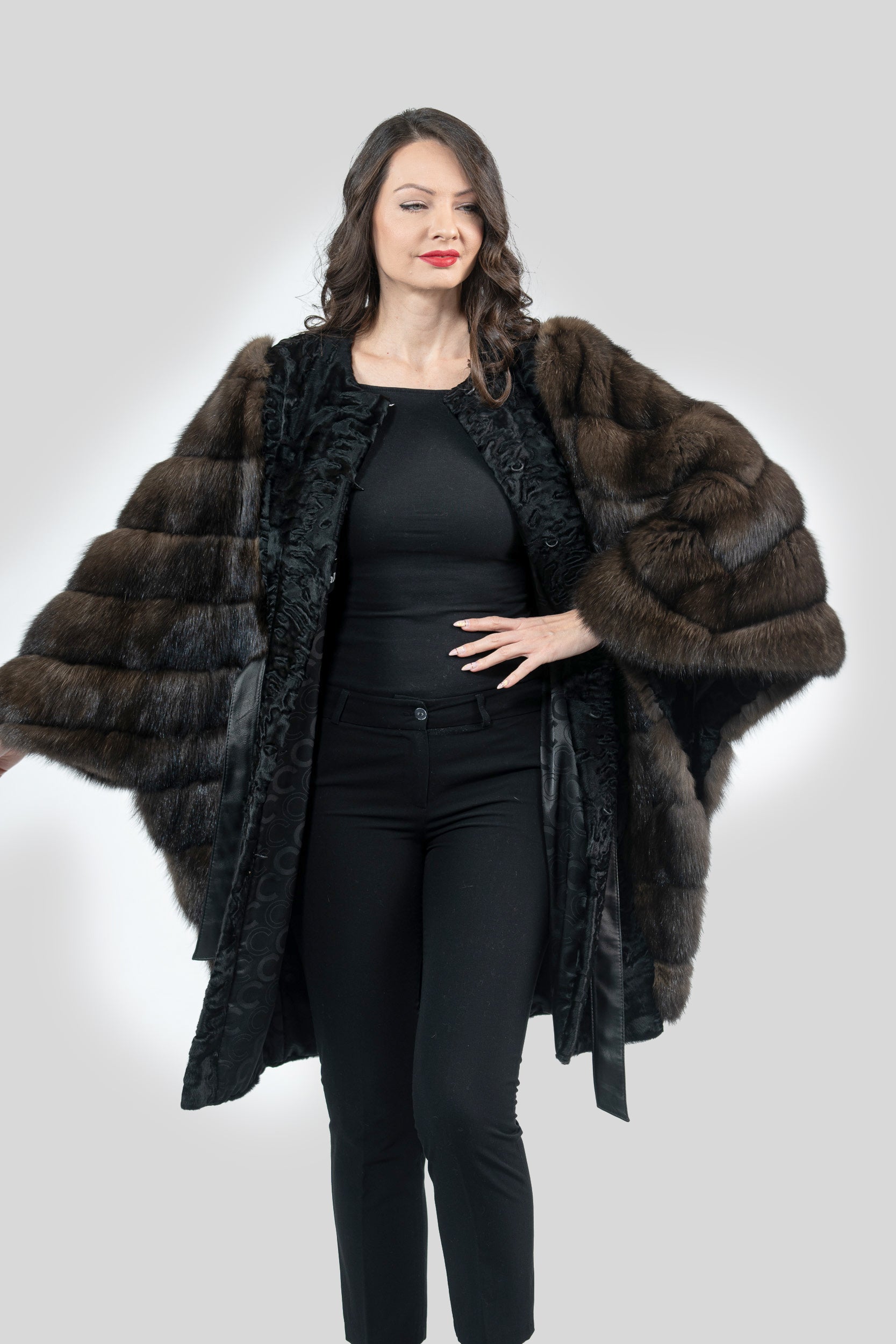 Black Swakara Cape with Russian Sable Sleeves S/S16C15