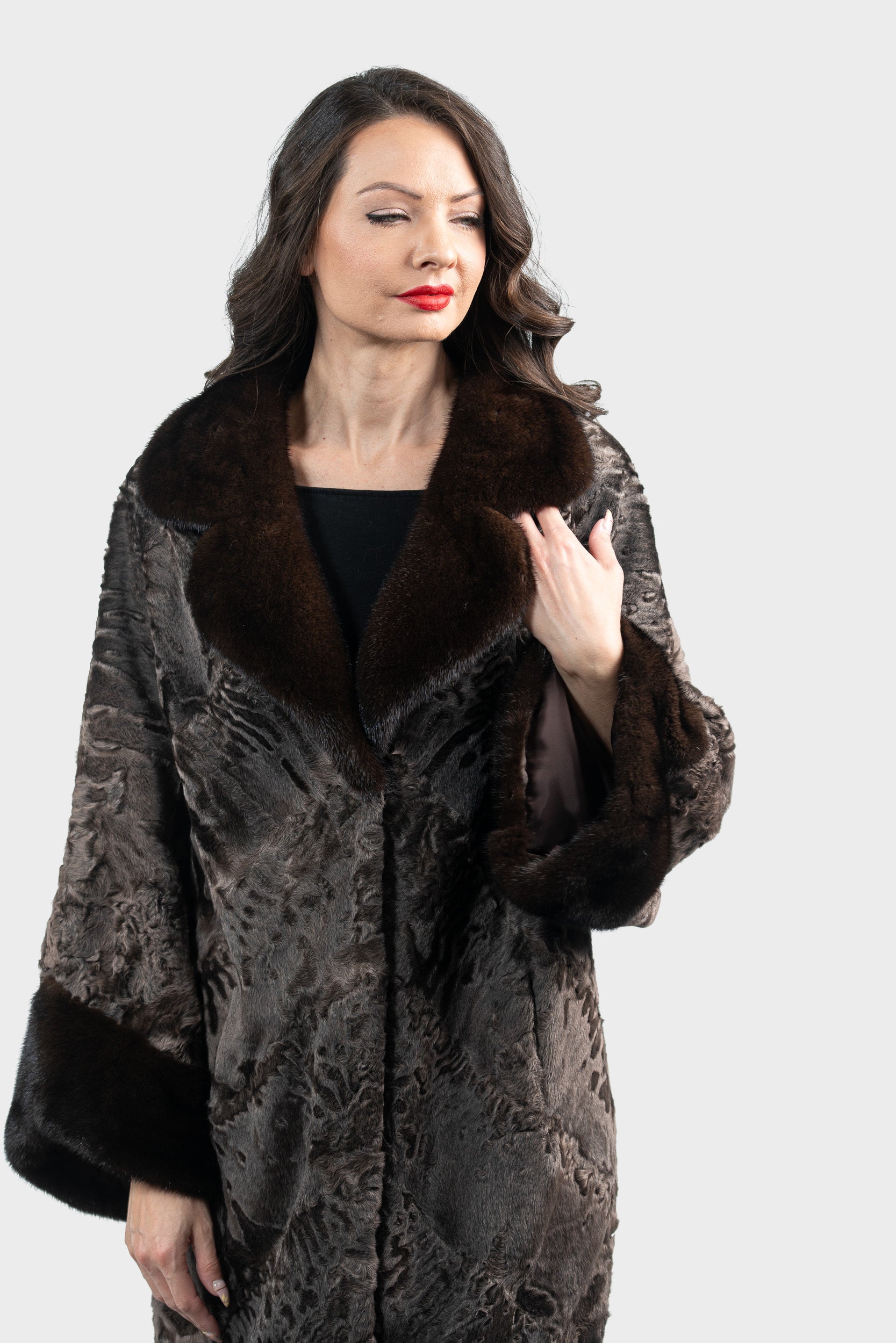 Chocolate Swakara Coat with Mink Trim A/K13C848gs20v30