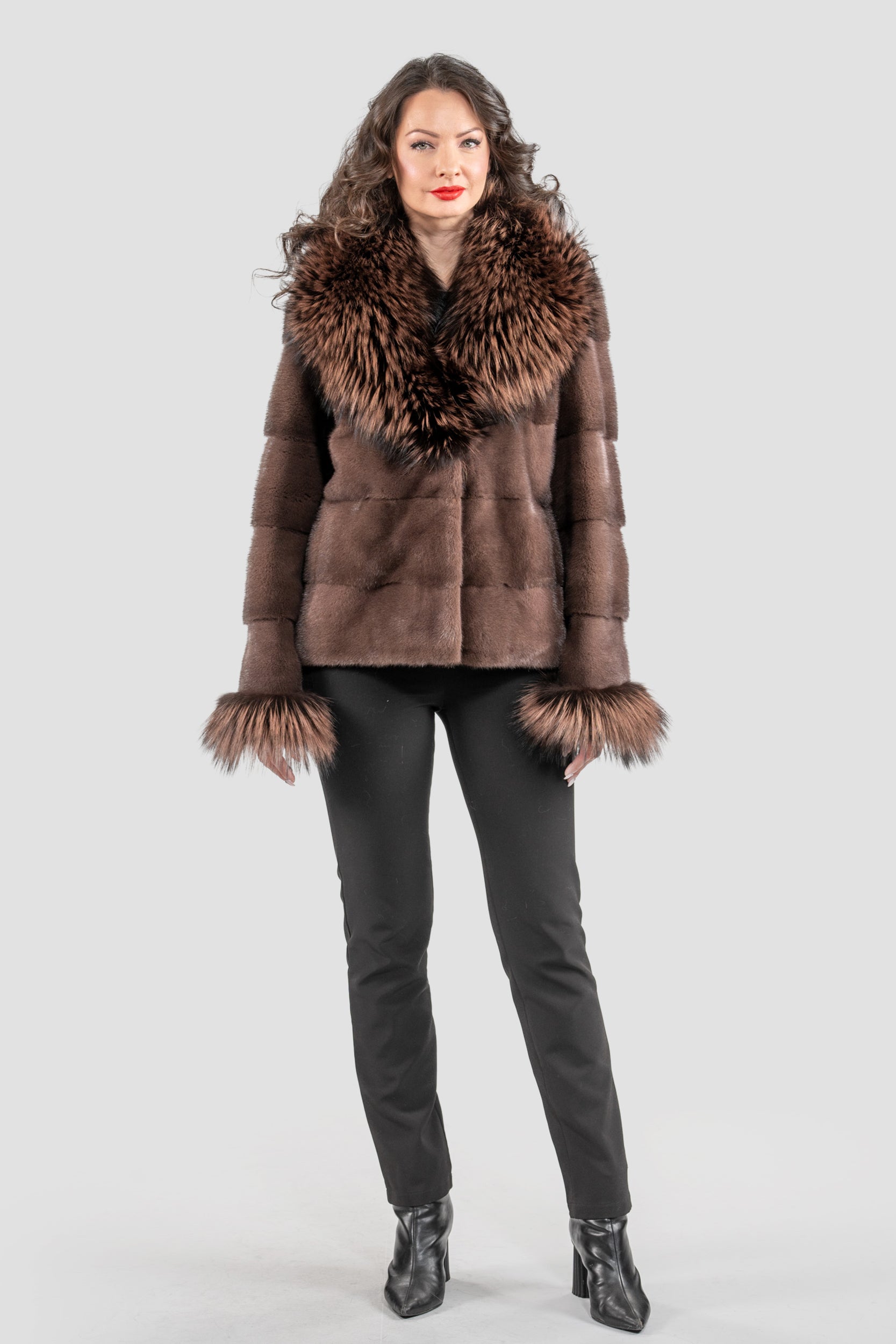 Wood Mink Jacket with Fox Trimmed Shawl Collar P/K13C528C17