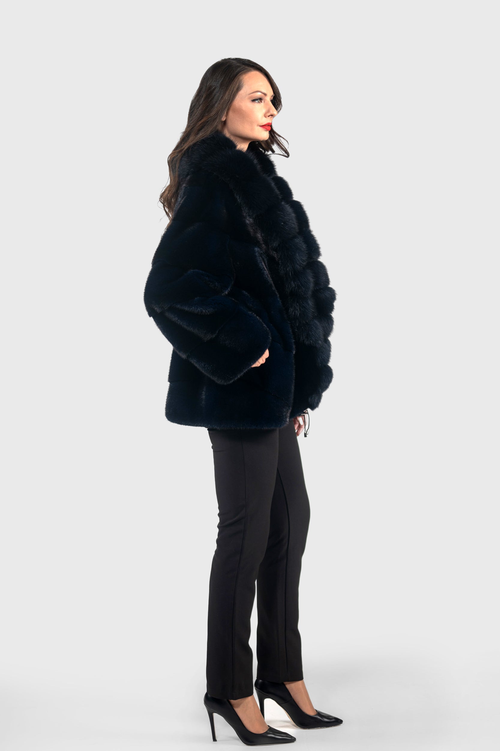Blue Black Mink Half Coat with Extended Baumarten Shawl Collar V/K19C123