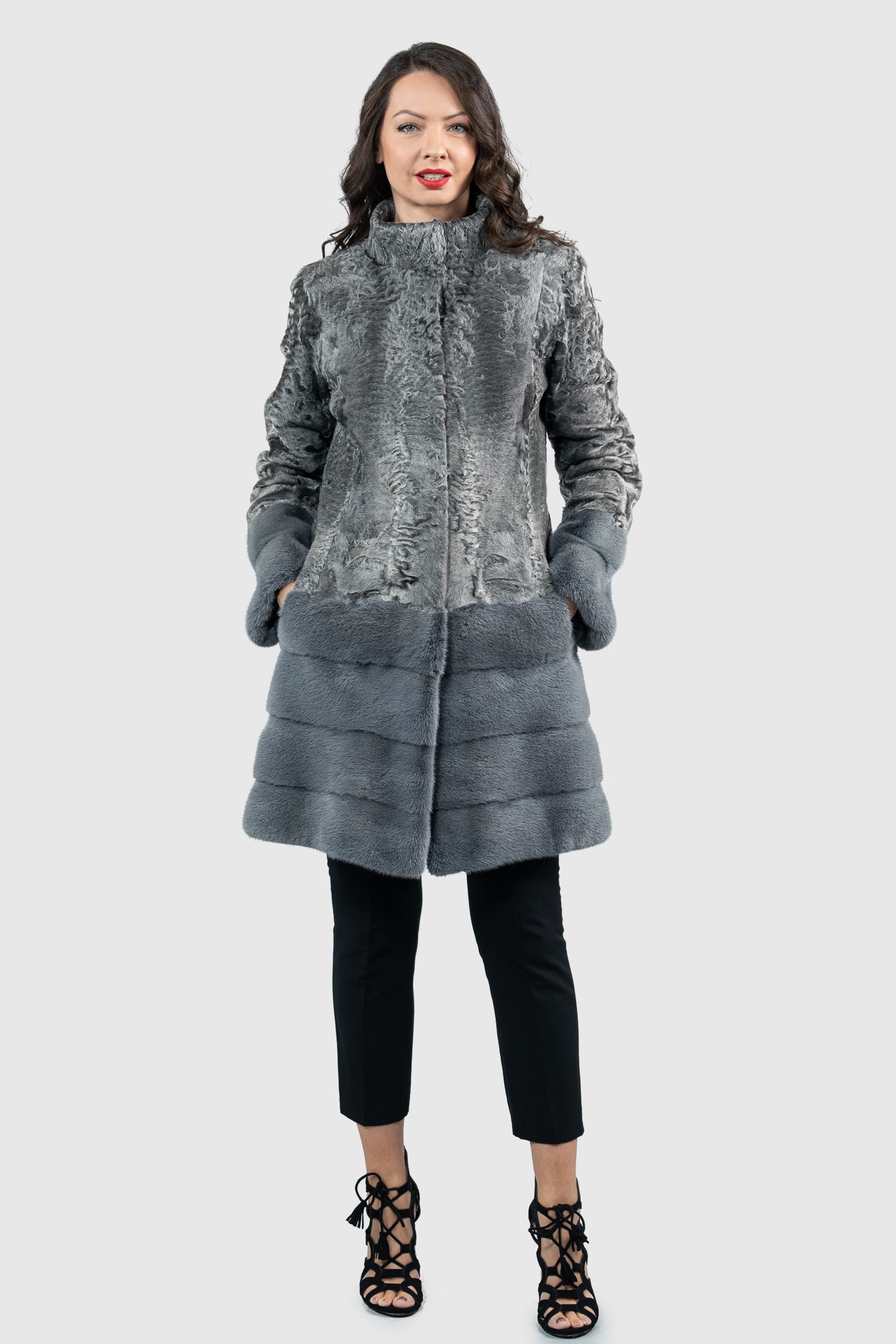 Gray Swakara Half Coat with Mink Trimmed Hem S/SR/K21999
