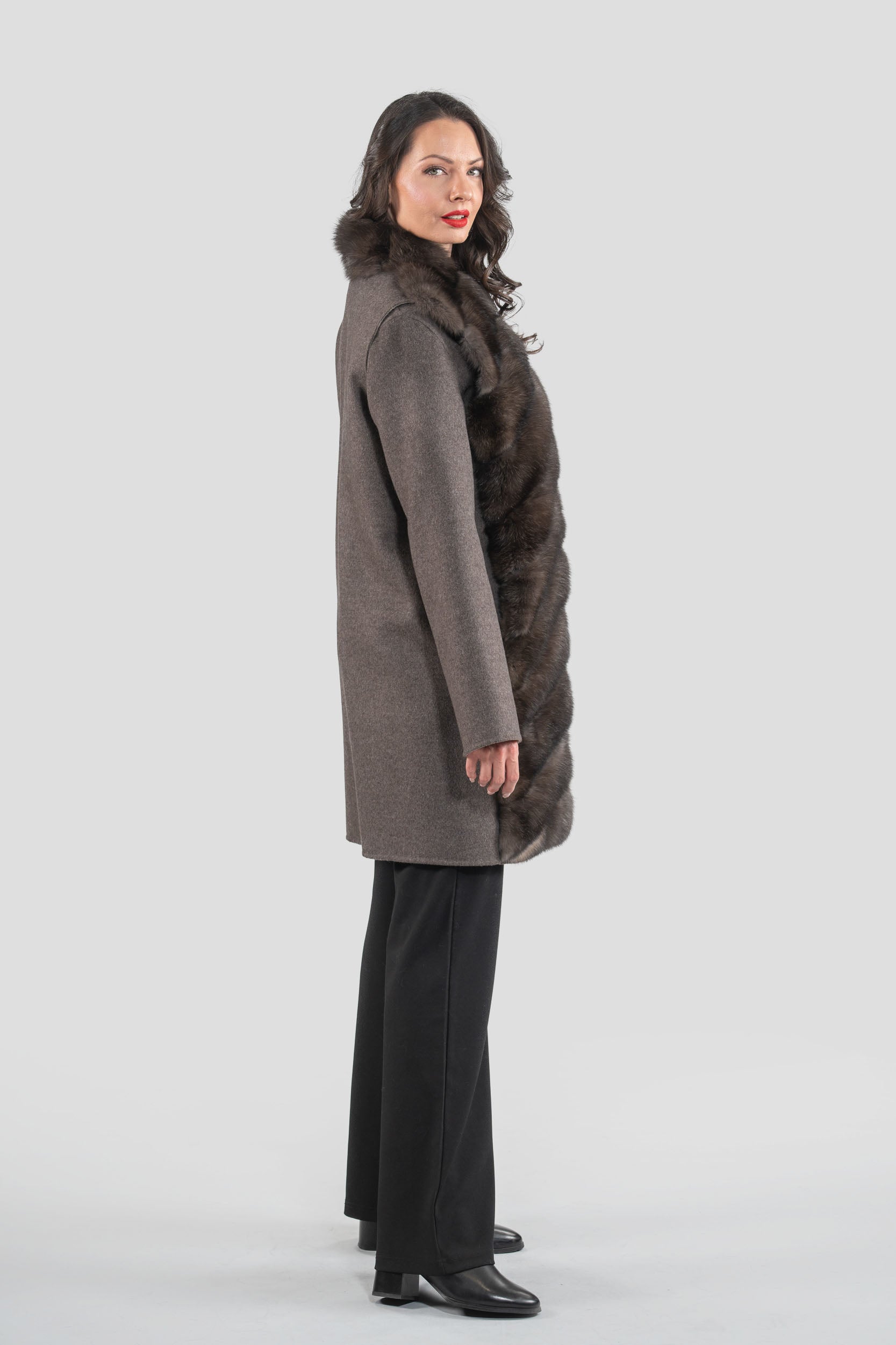 Brown Grey Cashmere Half Coat & Vest with Russian Sable Trim 17C8003s
